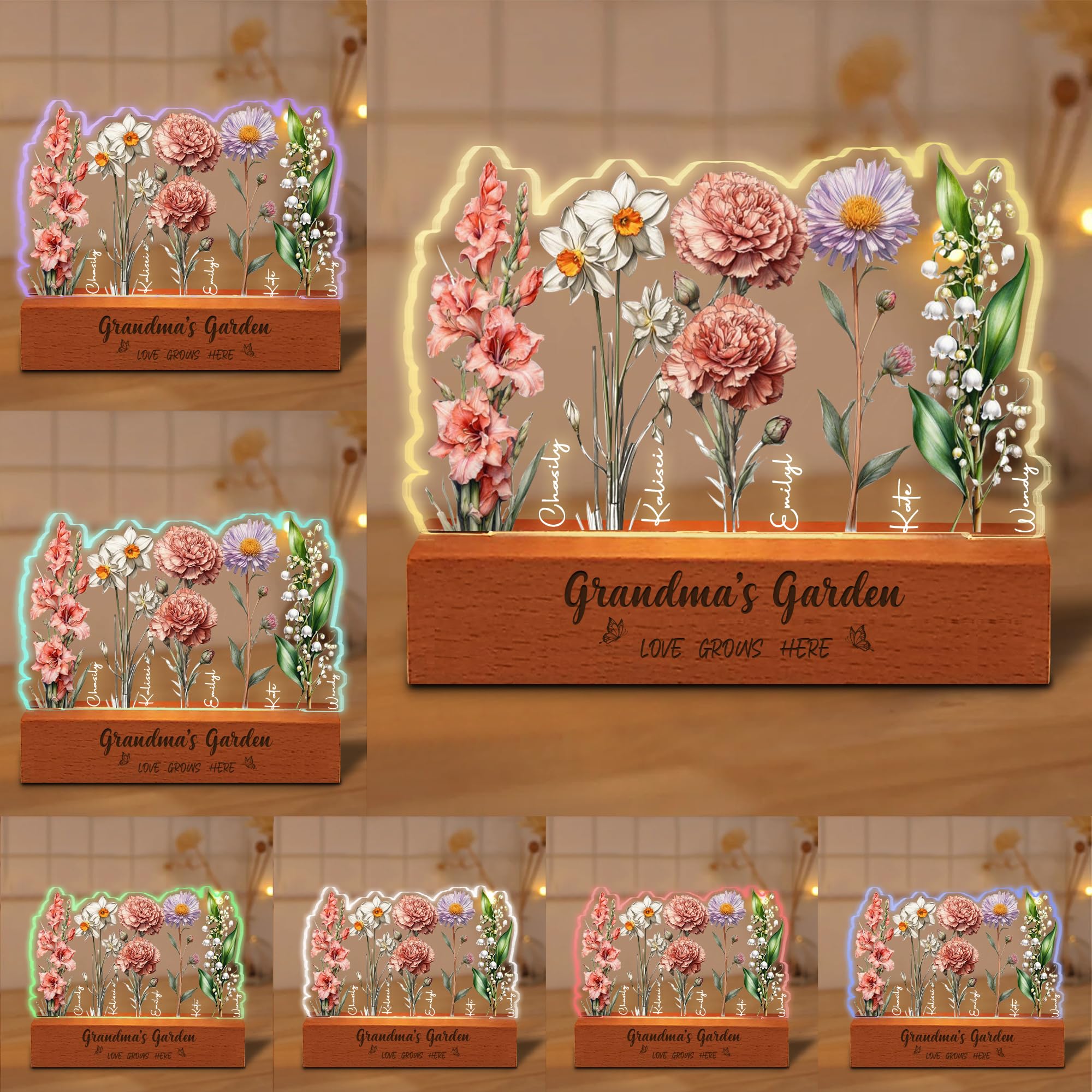 Personalized Acrylic Night Light,Custom Acrylic Lamp with Character Design Photos,Personalized Photo Gifts for Mom from Daughter Son,Mothers Birthday Gifts for Mama Women (Birthday Flowers-05)