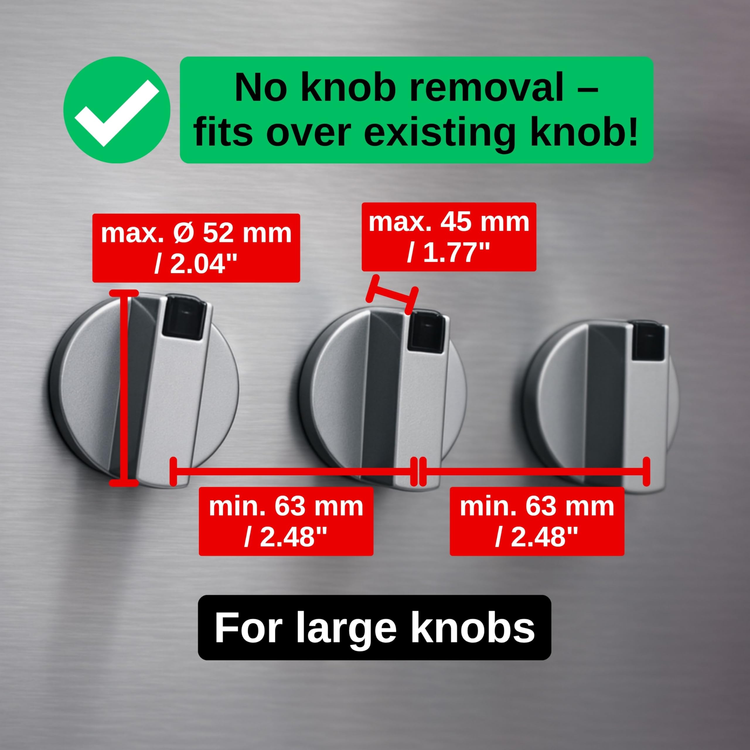 Blokada przed dziećmi do pokręteł kuchenek, 3 szt, przezroczyste, do dużych pokręteł o maks. Ø 52 x 45 mm, rozstaw pokręteł min. 63 mm, blokada panelu sterowania, przycisk blokady przed dziećmi