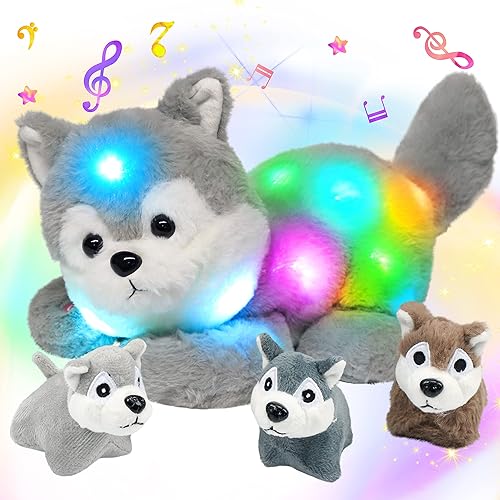 Hopearl Husky de peluche musical con luces LED para cantar y cantar con 3 cachorros en su abdomen con volumen ajustable canción de cuna regalos