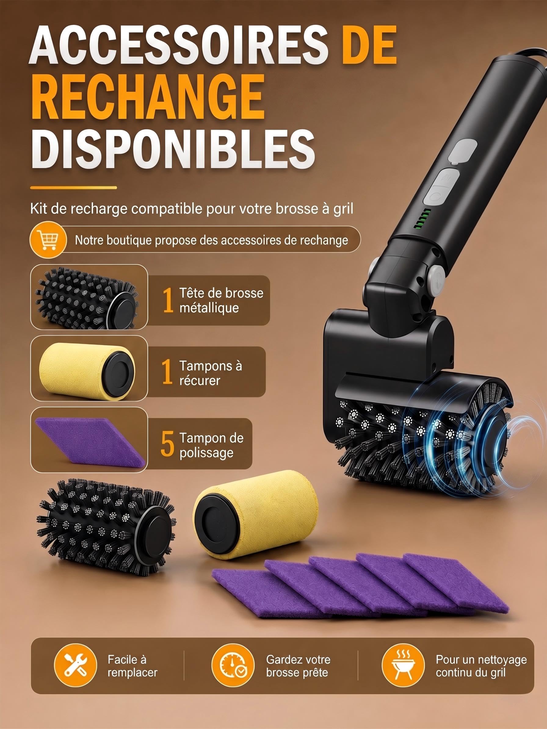 Brosse de Gril Électrique Rechargeable sans Fil, Contrôle de Puissance 3 Vitesses, 2 Têtes de Brosse