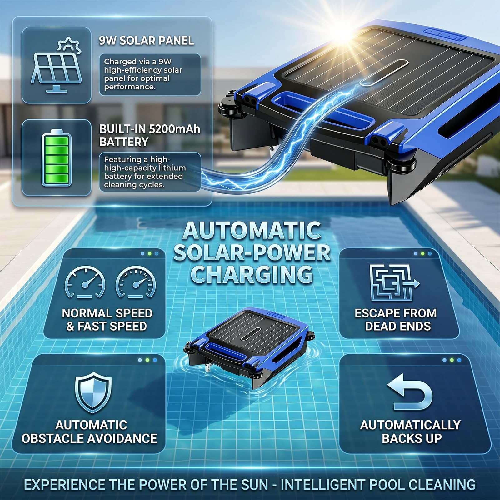 Robot Skimmer de Superficie para Piscinas, Carga Dual (Solar y rápida), Limpieza Continua, Bolsa de Gran Capacidad para residuos (3,8 L), Control por App Blue