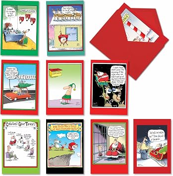 NobleWorks - 10 Assorted Funny Cards for Christmas - Cartoon Humor, Boxed Happy Holiday Notecards with Envelopes - Flying Reindeer A5646XSG-B1x10