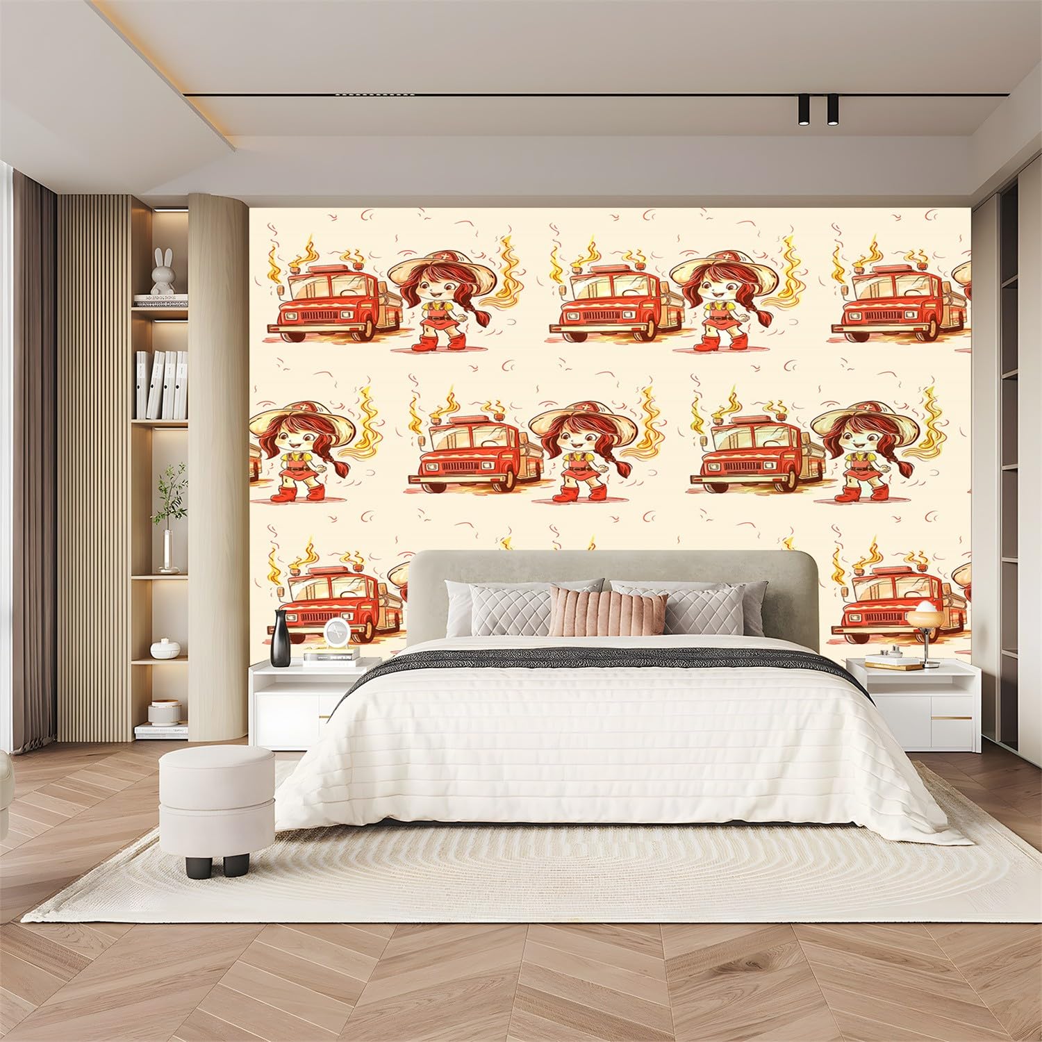 Tapeta z włókniny, motyw z kreskówki, mały strażak, 300 x 210 cm, kremowa, wodoodporna tapeta, tapeta do salonu, pokoju dziecięcego, sypialni
