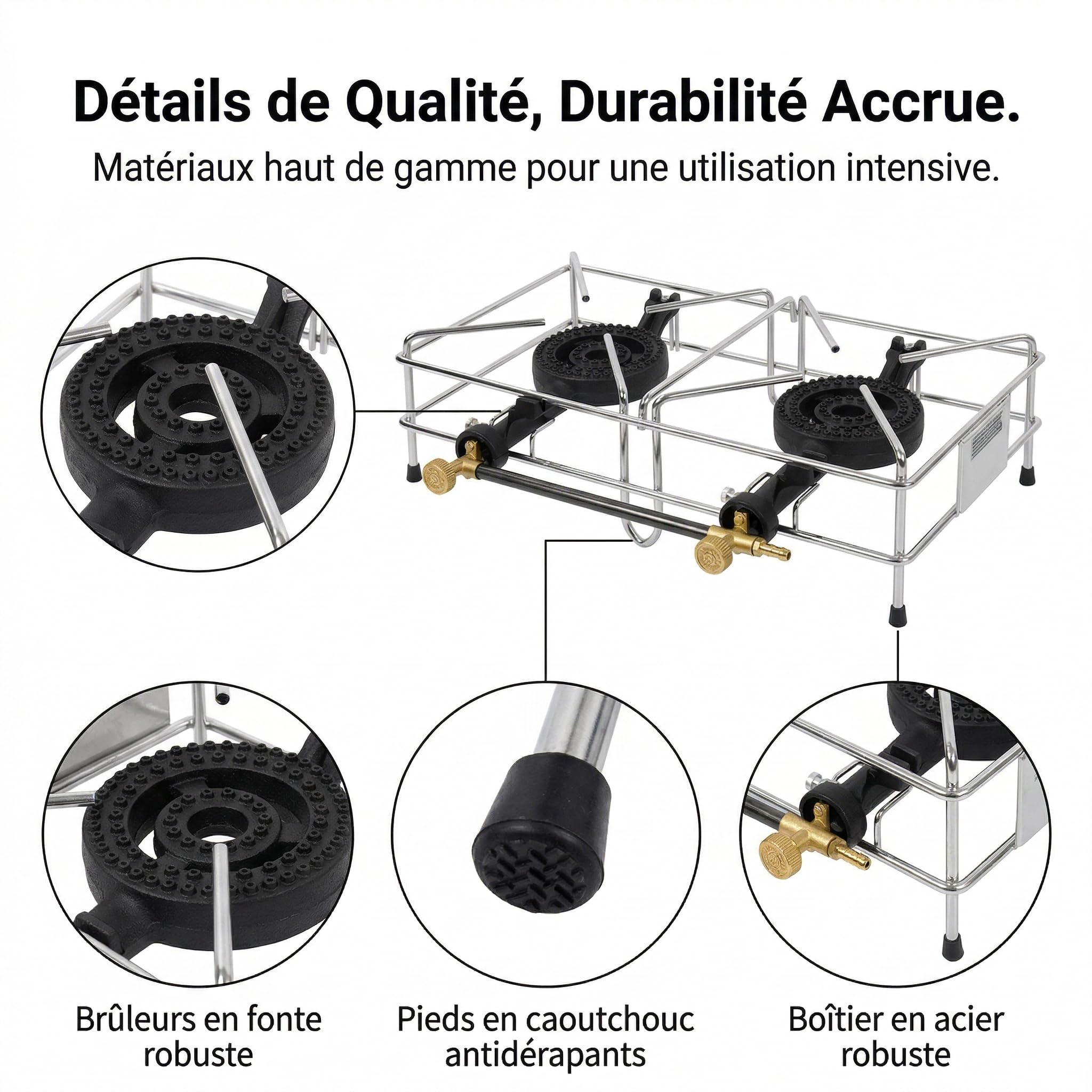 FOKER Réchaud à Gaz 2 Feux 8 kW, Réchaud Camping en Acier Inox avec Brûleurs en Fonte, Consommation 580g/h, Compatible Butane/Propane, Fabriqué en Italie, Idéal Extérieur et Jardin