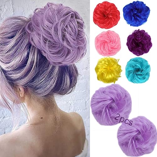 2 extensiones de cabello sintético grueso para moño desordenado, rizado y ondulado, para mujeres y niñas, color morado claro