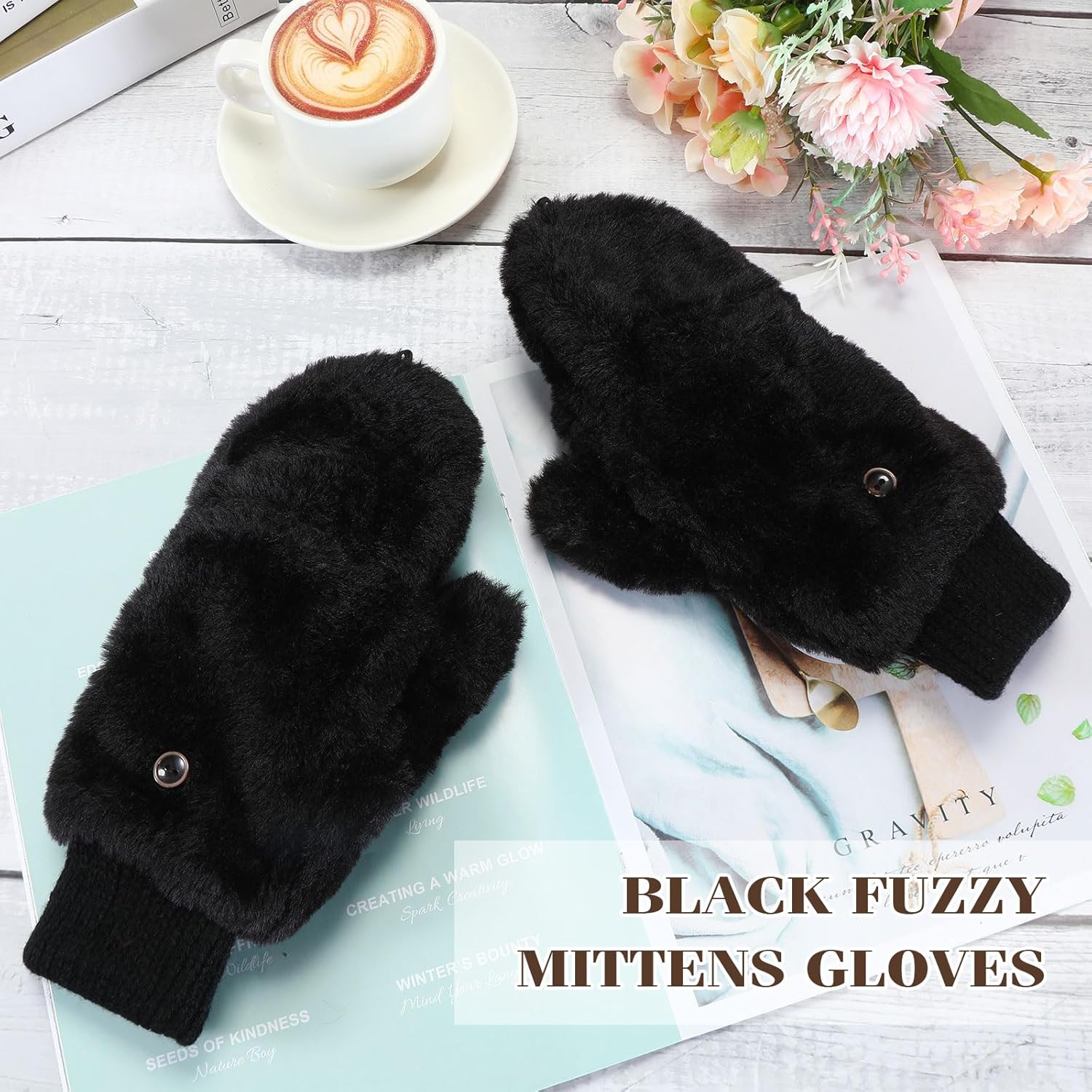 SATINIOR Faux Fur Mittens Fingerless Gloves Convertible Gloves Fluffy Winter Warm Soft Half Finger Fuzzy for Women - Image 2