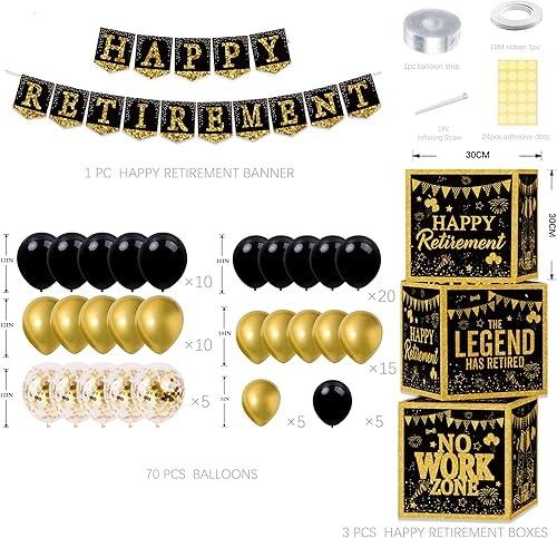 Miniatura 2 de Decoración de fiesta de jubilación, regalos (22 unidades) pancarta dorada de feliz jubilación, 6 pompones de papel, 6 remolinos colgantes, 7