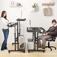 Vista 4 de Escritorio móvil de pie, escritorio ajustable para computadora con 3 escritorios, mesa portátil para laptop con soporte para tazas, estación de Negro