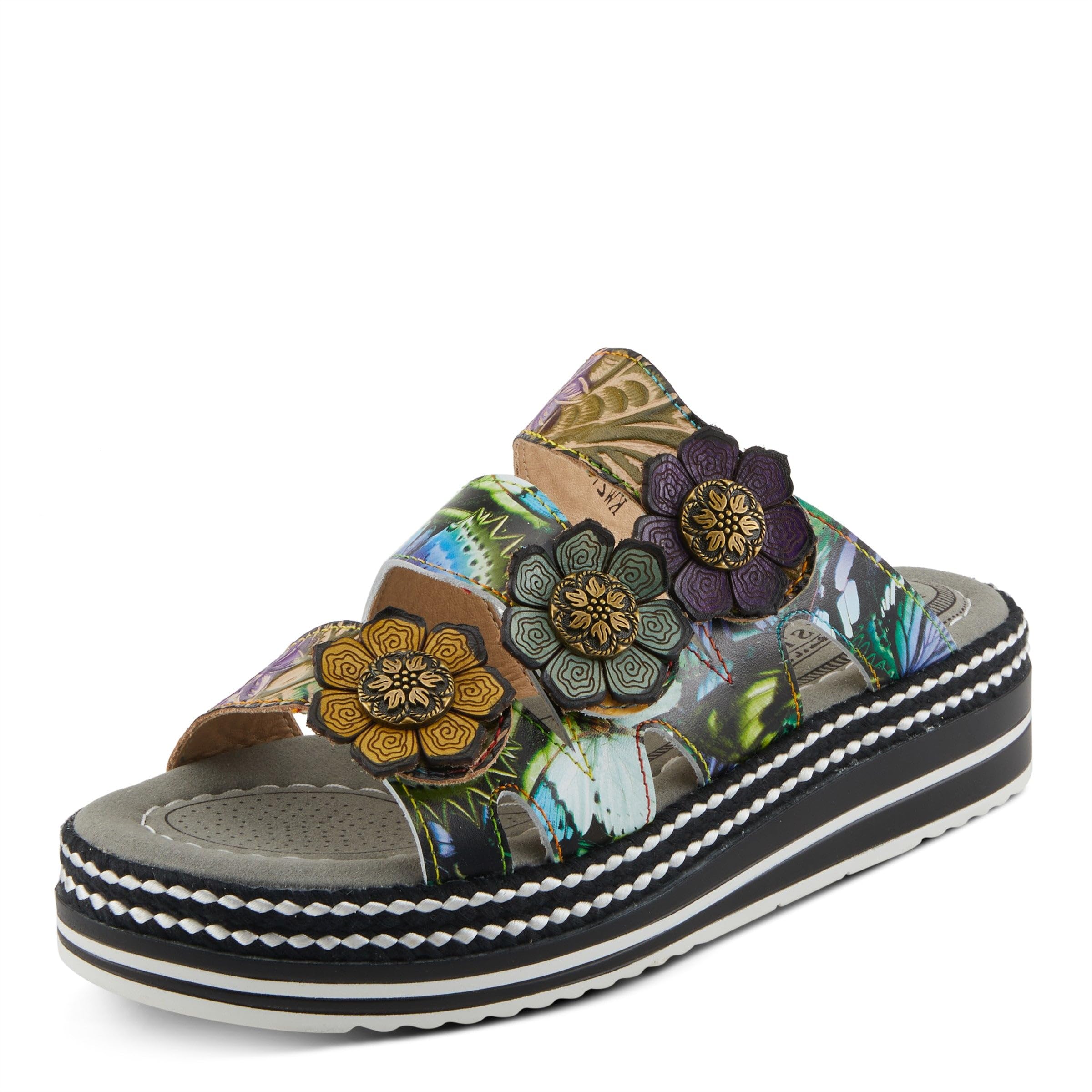 Spring Step L'Artiste Women's NAOMI-MONARCH Slide Sandals - Hand-Painted Leather Butterfly Sandal - Comfortable Hook and Loop Closure with Floral