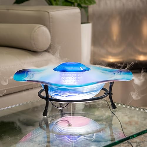 Vista 7 de XBrand Fuente de niebla de mesa con 12 luces LED que cambian de color y control en línea, 8 pulgadas de alto, vidrio y metal, azul