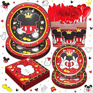 Vulletmioly Mickey Themed Mouse Birthday Party Supplies - Mickey Birthday Party Decorations Include Dinner Plates, Plates, Cups, Napkins, Cutlery, Mickey Birthday Party Supplies for Kids | Serves 24