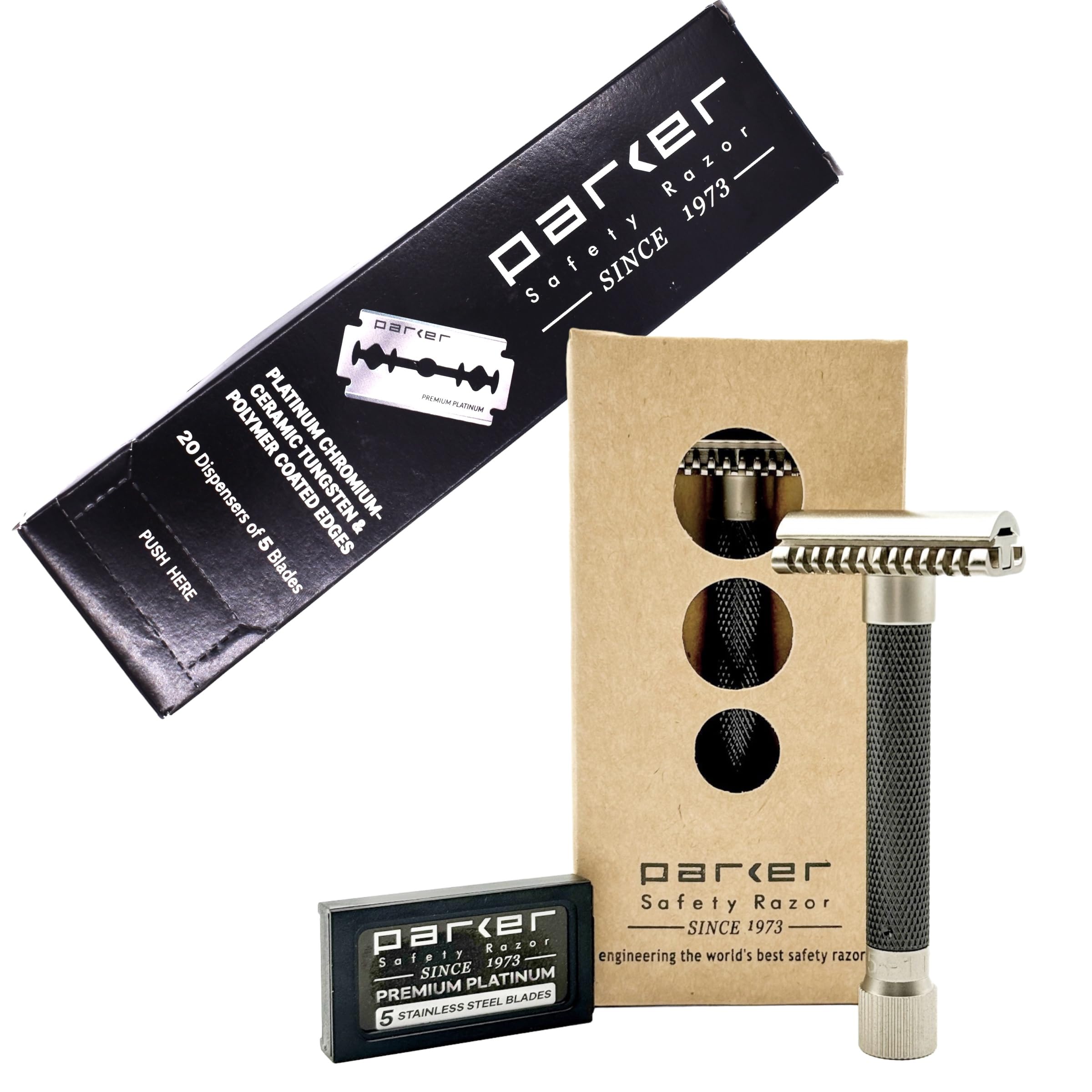 The Parker Variant OPEN COMB ADJUSTABLE Double Edge Safety Razor and 105 Blade Bundle GRAPHITE