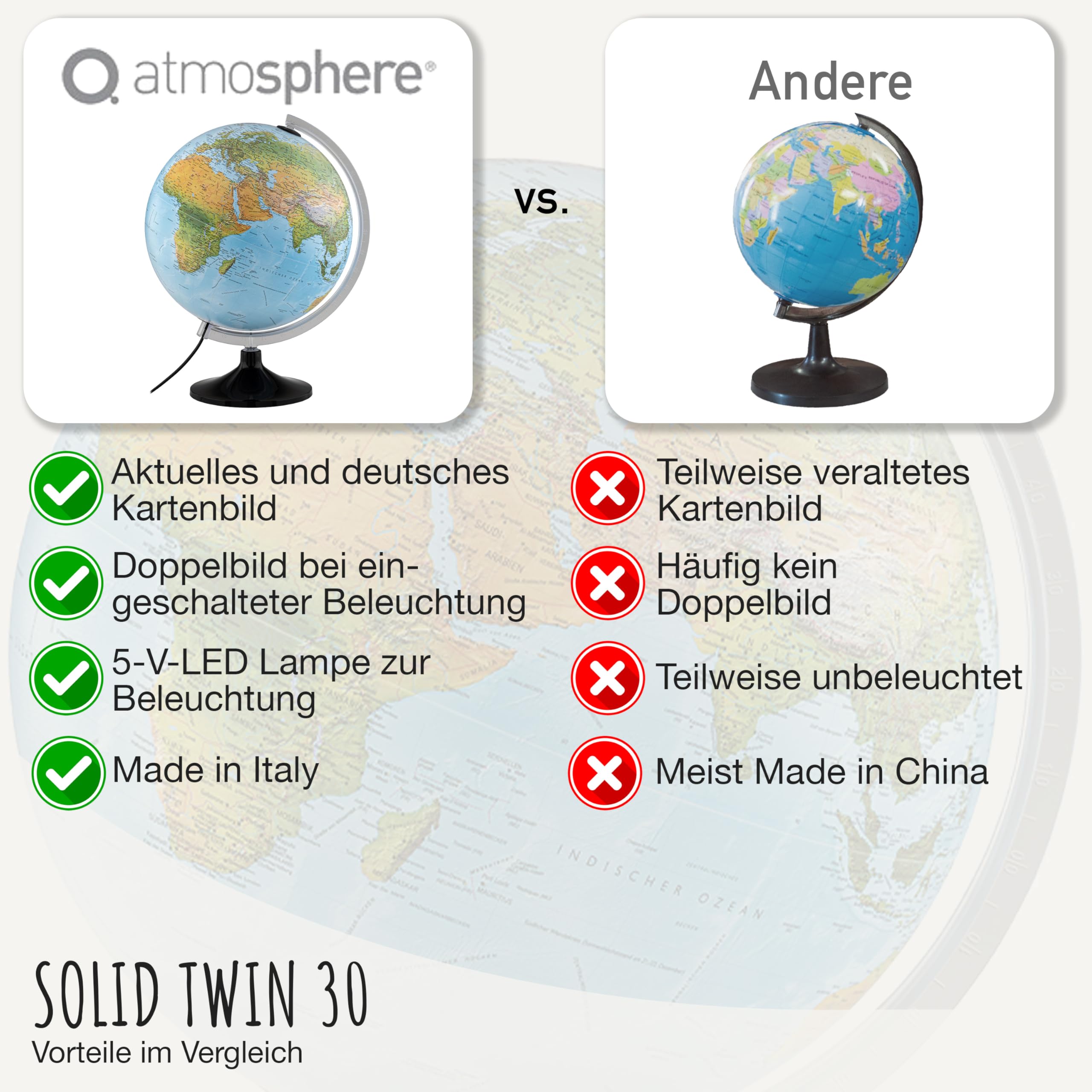 Solid Twin 30 - Leuchtglobus - beleuchteter 30cm Globus mit stabilem Standfuß, physisch/politische Doppelbild-Kartografie in deutscher Sprache