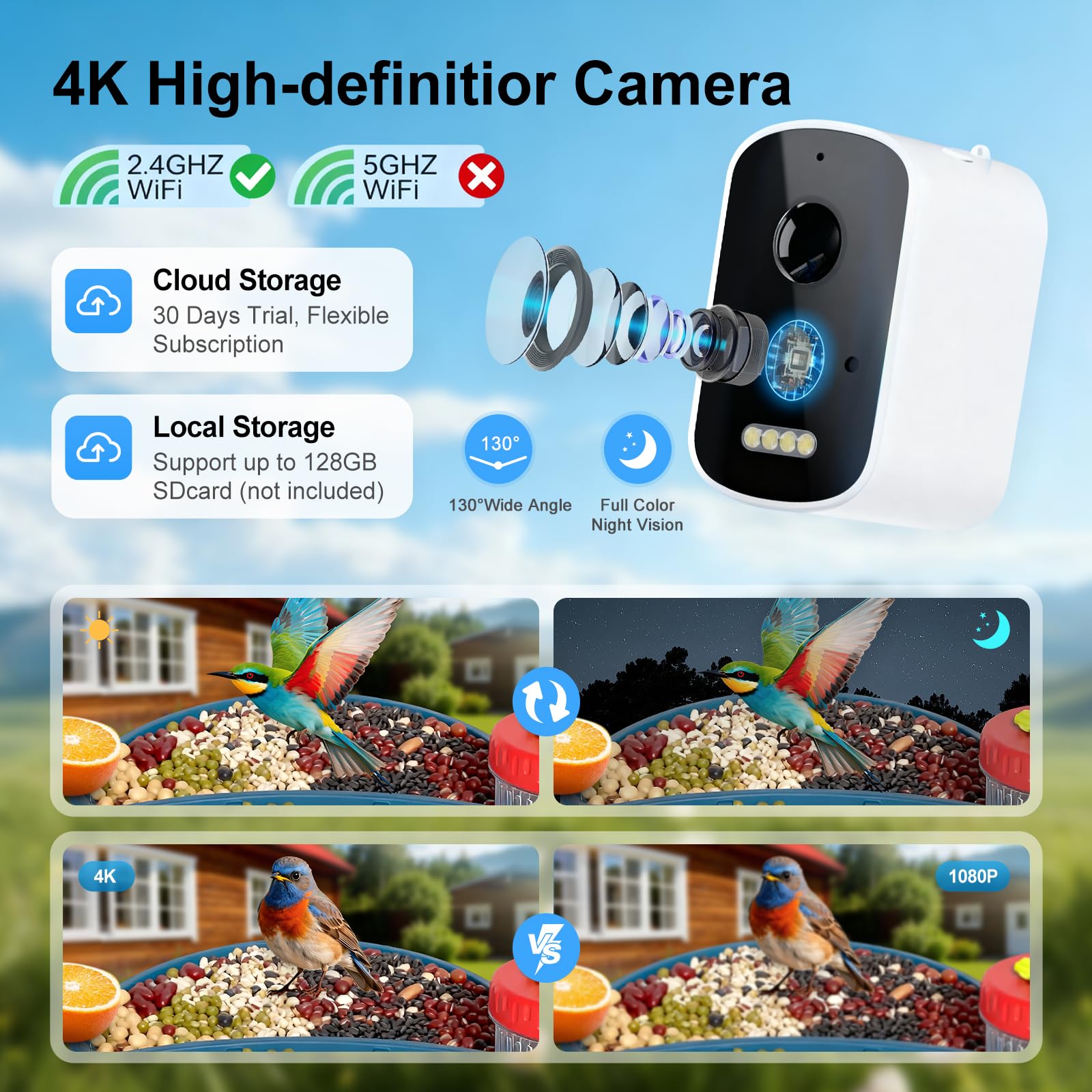 Smart Bird Feeder mit Kamera Solarbetrieben, 4K HD Video Vogelhaus, AI Vogelarten Identifikation, Live Stream & Nachtsicht, Auto-Capture & Notify, Wetterfestes Design, Ideale Geschenke für Liebhaber