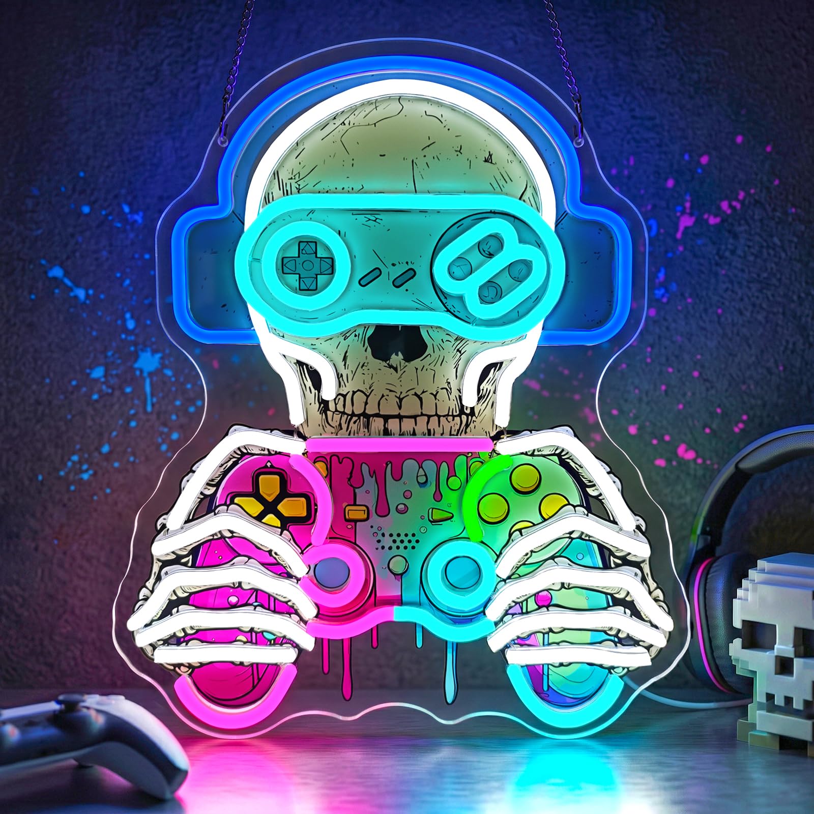 Flixyticy Skull Gaming Controller Neon Sign for Wall Decor,UV Skull with Gaming Headset LED Illuminated Sign Hanging Sign for Game Zone Gaming Accessories Room Decoration(Skull Gaming Controller)