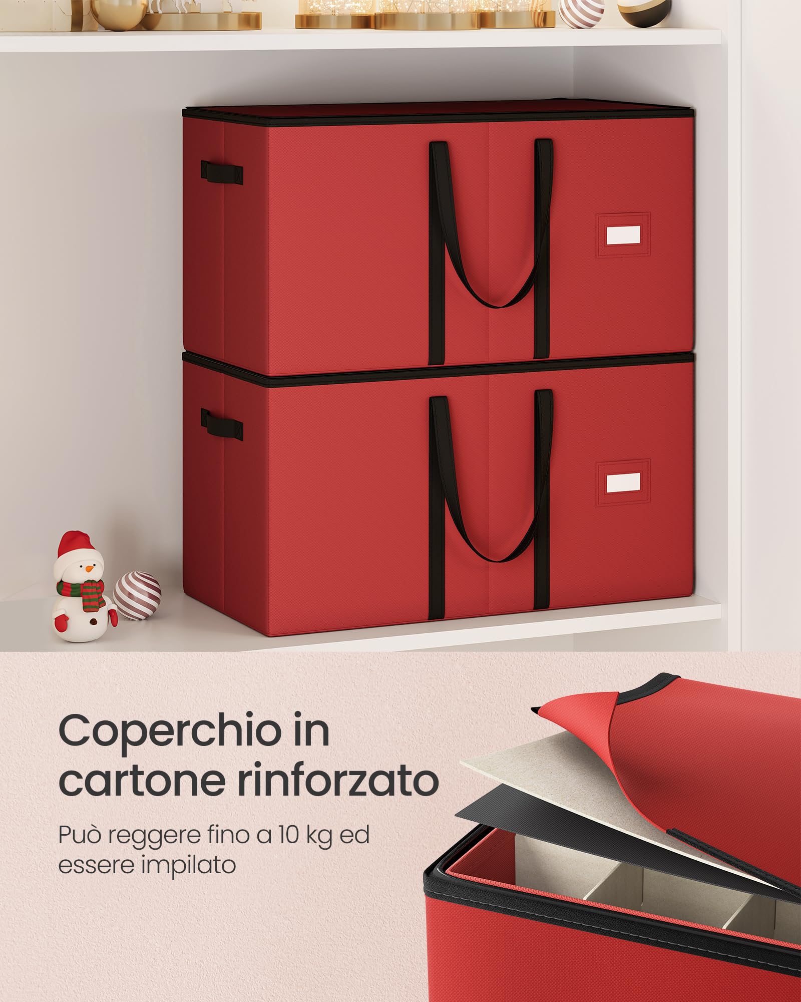 SONGMICS Contenitore per Palline di Natale, 128 Scomparti da 7,6 cm, Scatola Impilabile Decorazioni Natalizie con Coperchio, Doppia Cerniera Lampo, Divisori Regolabili, Rosso Ciliegia RFB039R01