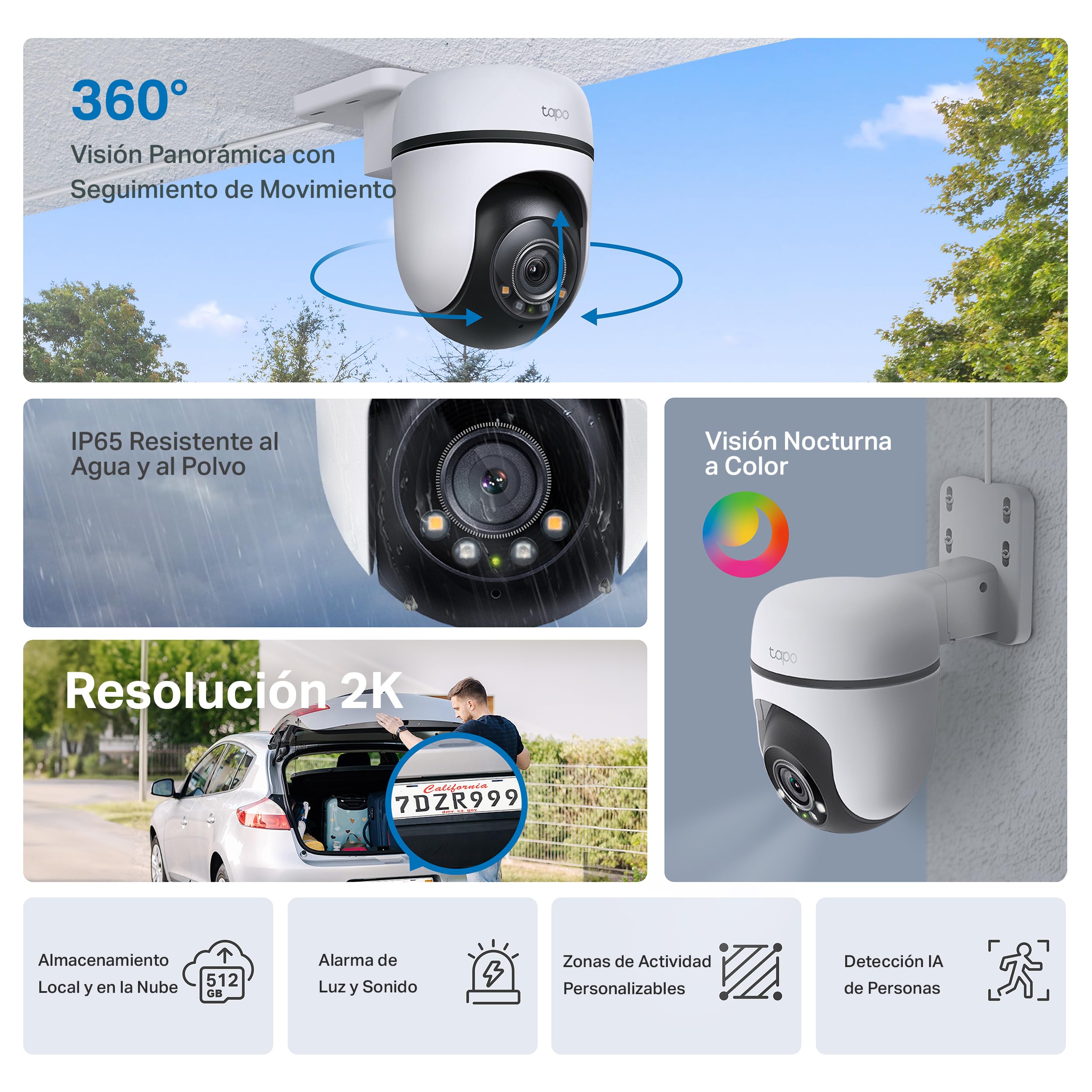 Tapo C51A - Cámara de vigilancia Wi-Fi para Exteriores 360°, visión Nocturna a Todo Color 2k (3 MP), detección Personas con IA Seguimiento Movimiento Inteligente IP65 — view 3