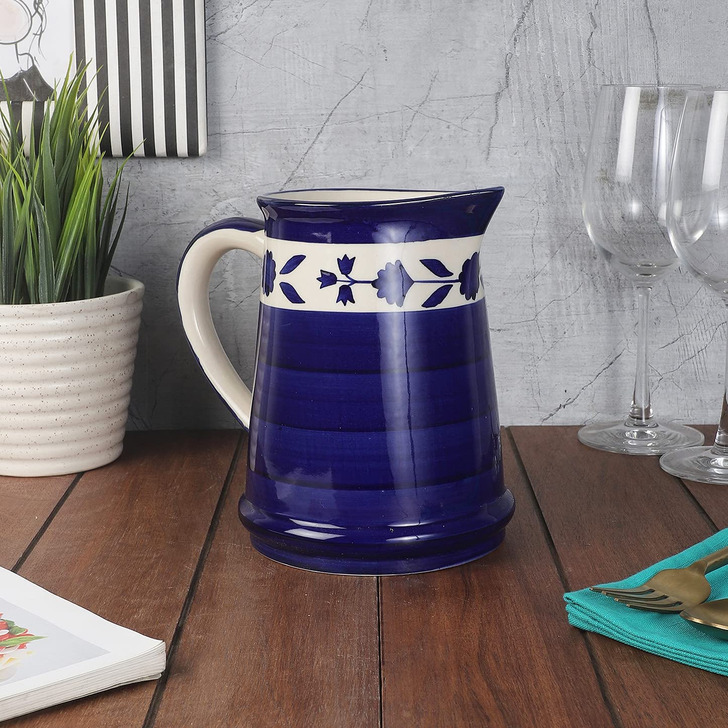 Hand Painted Studio Pottery Ceramic Milk & Water Jugs for Dining Table | Ceramic Jugs for Water Kitchen Storage Juice Serving Jug Pitcher Jug (1500 ML, Microwave Safe) (Blue)