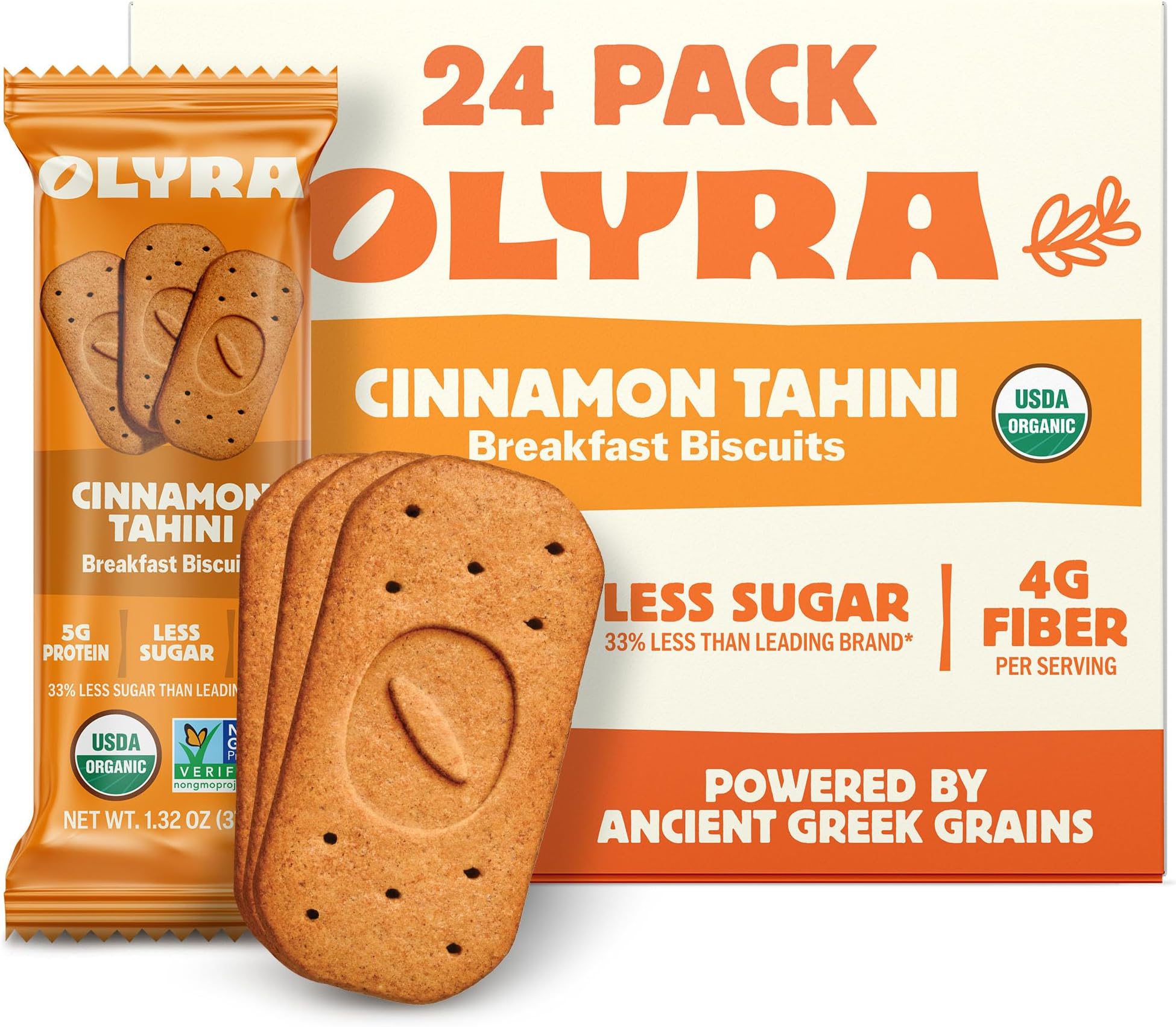 Olyra Breakfast Biscuits Cinnamon Tahini, Kids Healthy Snacks, Low Sugar, High Fiber, Plant-Based Protein Cookies, Organic Breakfast Cookies with Ancient Greek Grains, 24 Packs