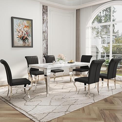 Miniatura 27 de Juego de mesa de comedor de 7 piezas para 6, juego de mesa de comedor de mármol sintético con mesa de comedor de mármol de 70 pulgadas y 6 sillas de