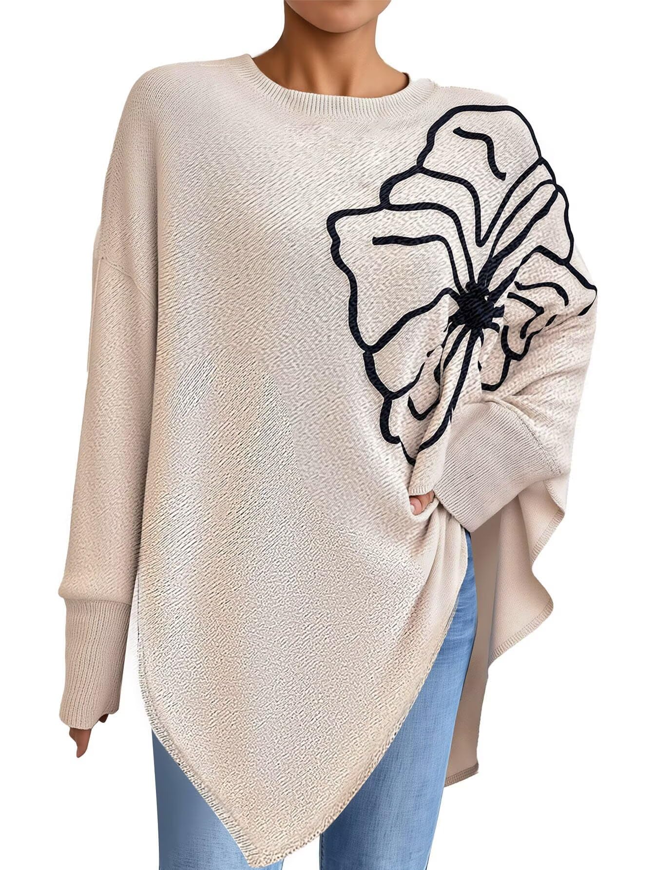 Flamingals Womens Floral Poncho Sweater Long Sleeve Split Asymmetrical Round Neck Oversized Sweater Loose Pullover Tops