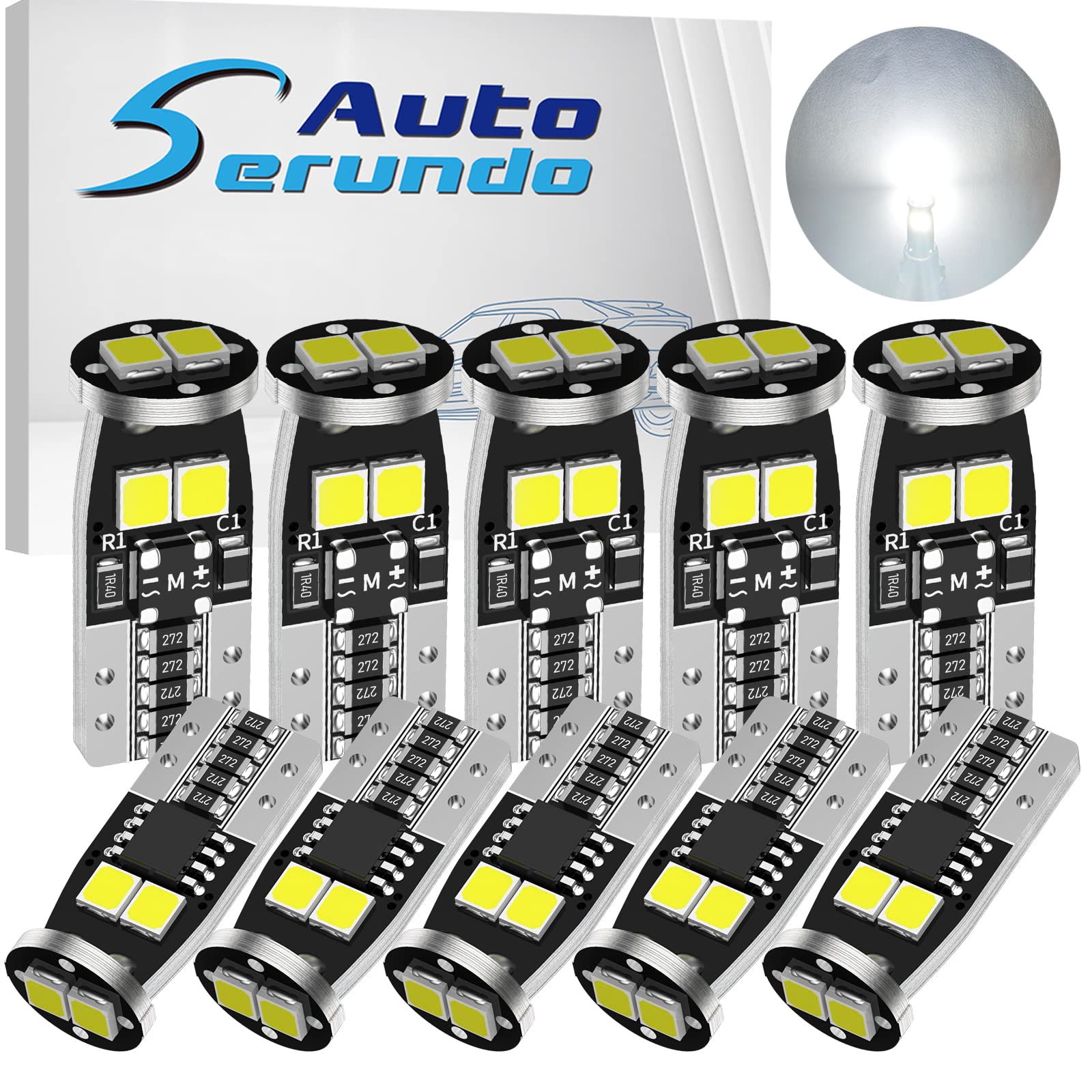 Serundo Auto 194 LED Bulb, 168 2825 W5W T10 LED Bulbs for Car Dome Map Door Courtesy Trunk Parking License Plate Lights,6000K White (Pack of 10)