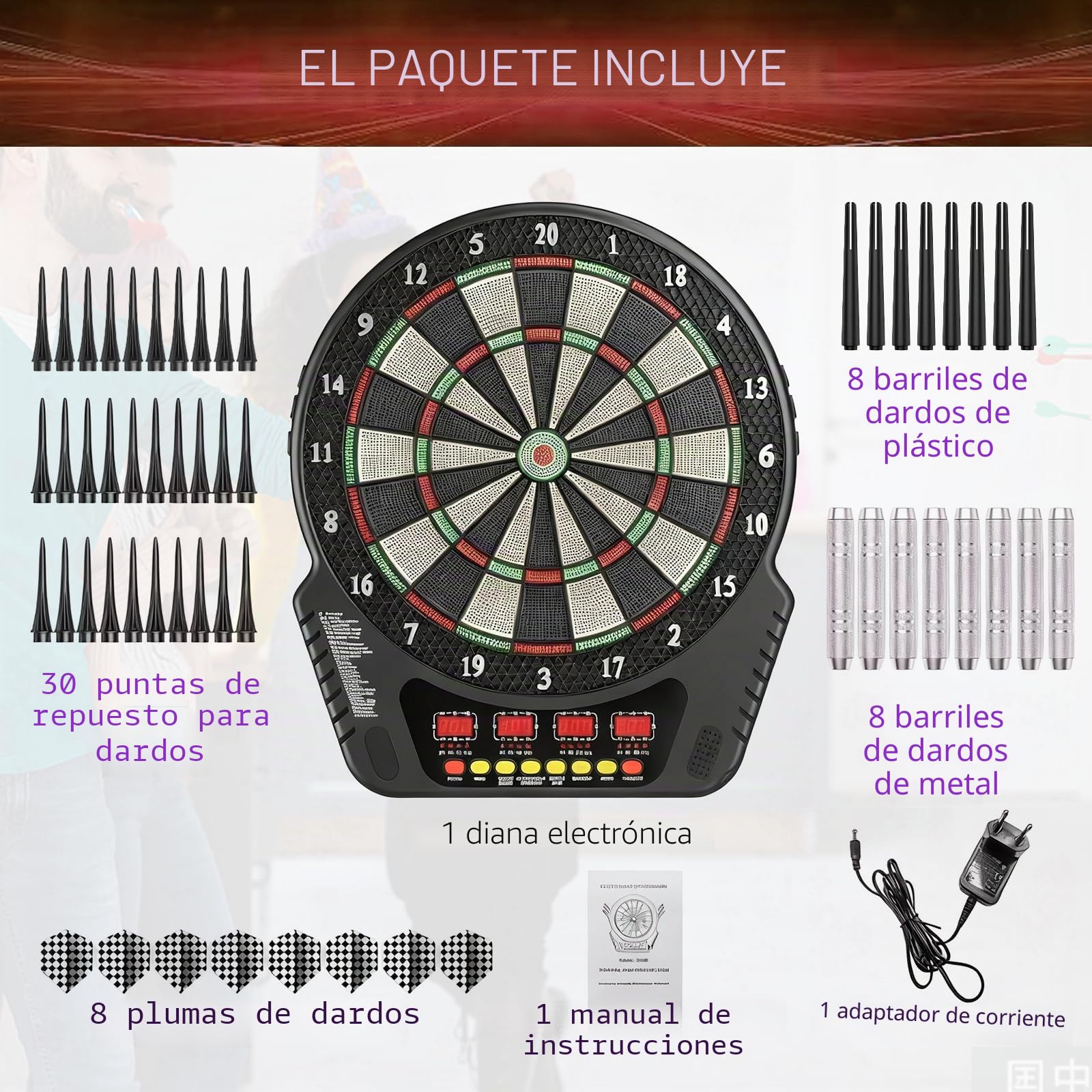 Diana Electrónica de Dardos con Punta de Plástico, 2 Modos de Alimentación, 27 Juegos y Puntuación Automática, Set Completo con 8 Dardos y Repuestos para Hogar, Oficina y Reuniones