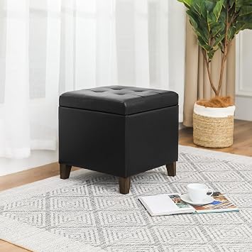 Black Leather Storage Ottoman with Hinged Lid, Square Tufted Footstool Cube, Upholstered Foot Rest Stool for Living Room, Bedroom & Entryway, 18 x 18 x 18.8