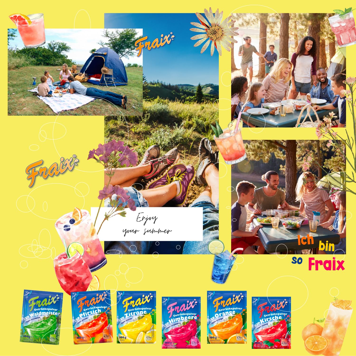 FRAIX Getränkepulver 6 Sorte Mixed Vorteilspack - je 25 Packungen (150er Pack x 100g) 6 Geschmacksrichtungen - Perfekt für Familie, Picknick, Party, Camping, unterwegs