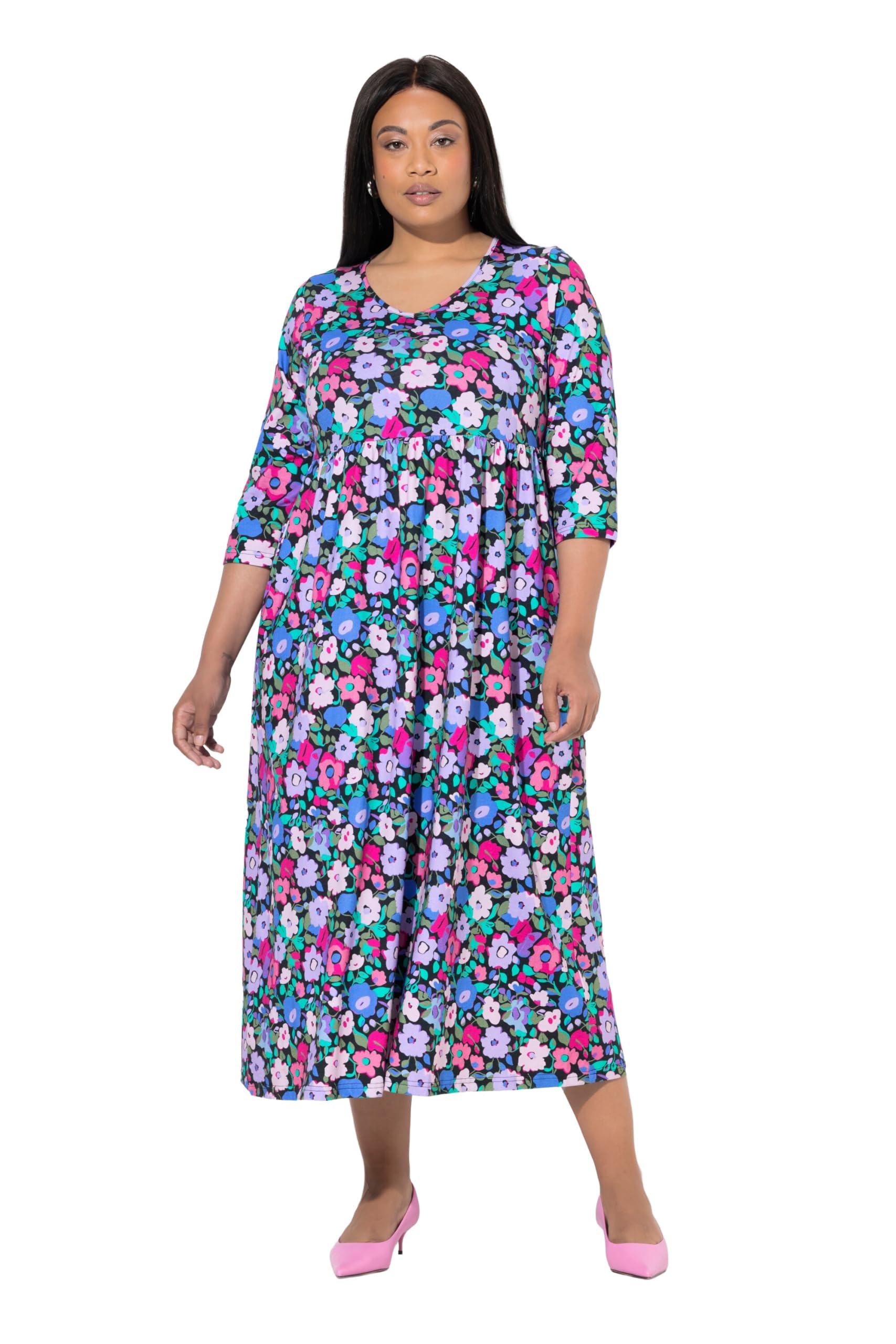 Ulla Popken Damen große Größen Übergrößen Plus Size Jersey-Maxikleid, Blüten, A-Linie, V-Ausschnitt, 3/4-Arm 846963