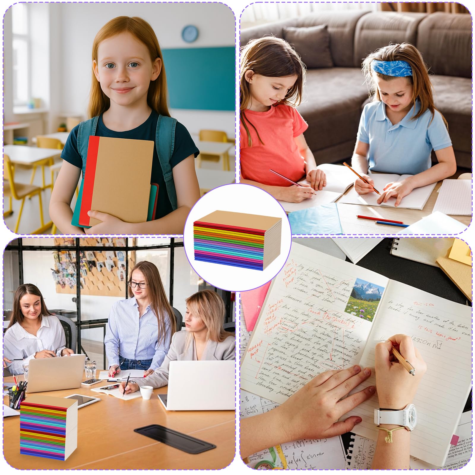 Confezione da 100 quaderni colorati, formato A5, copertina in carta kraft, a righe, per studenti, scuola, ufficio, viaggi, 60 pagine, 21,1 x 14 cm, 10 colori