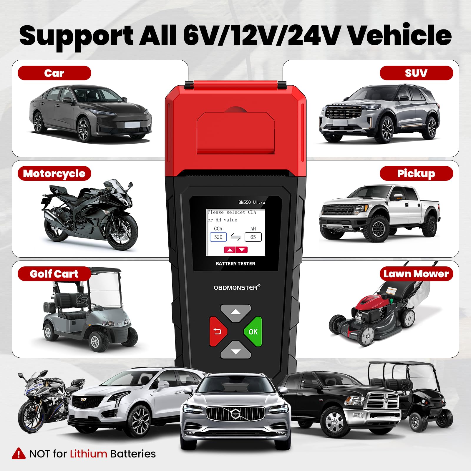 BM550U Tester Batteria Auto con Stampante,Tester Batteria Auto 6v 12v 24v Tester Tensione,100 – 2000 CCA Battery Load Teste, Per Auto, Camion, Marina, Moto, Suv, Barca