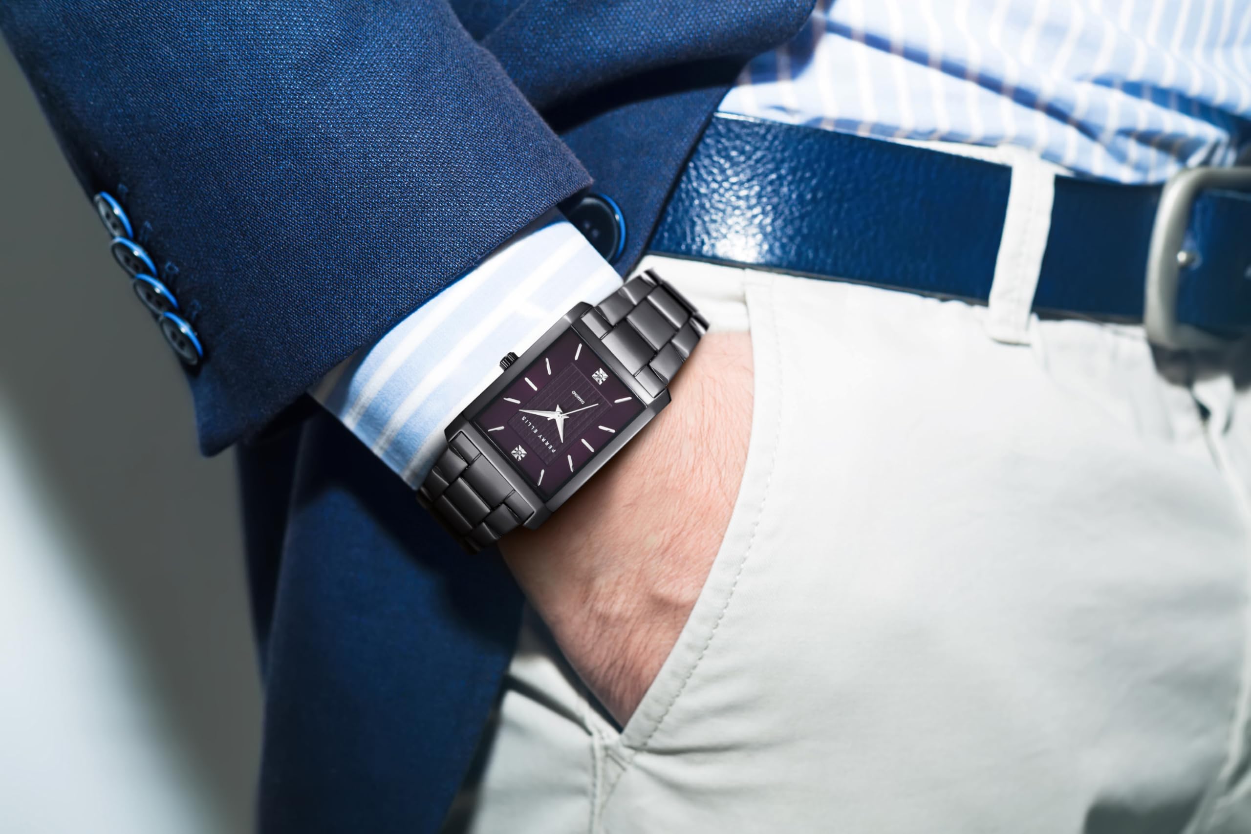 Perry Ellis Men's Watch – Rectangular Silver-Tone, Dark Blue Textured Dial with Diamond Accents, Silver Faceted Indexes, Stretch Bracelet, Quartz Analog Fashion Accessory - 5