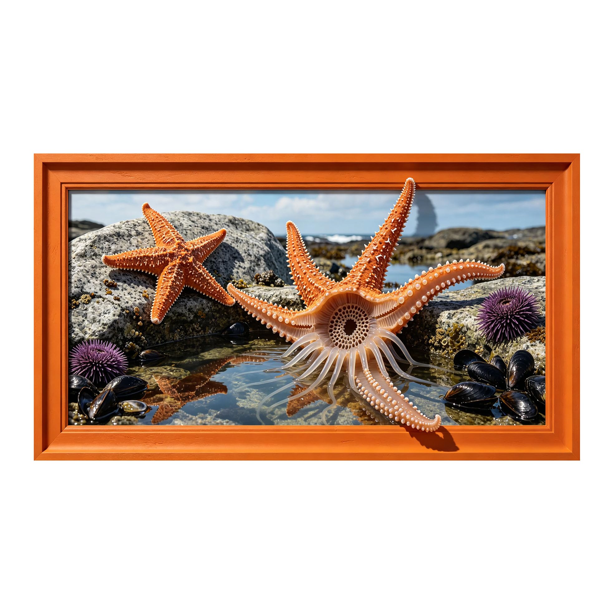 Yzpallescene 3D Framed Wall Art 50cm×100cm Coastal Marine Starfish Seascape Panoramic Tropical Prints Artwork for Living Room Bedroom Office