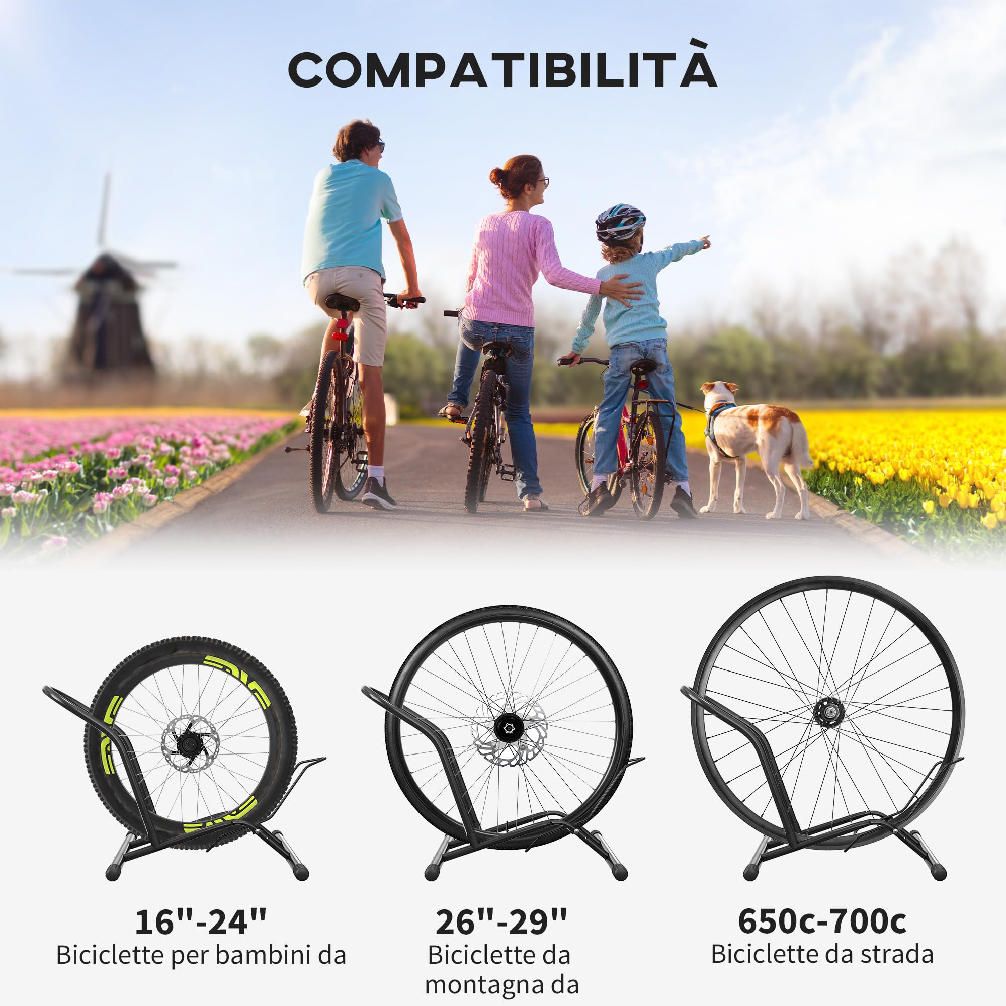 SPORTNOW Cavalletto Portabici per Pneumatici Inferiori a 10.5cm, Supporto Bici da Terra in Acciaio, 59x41x38 cm, Nero