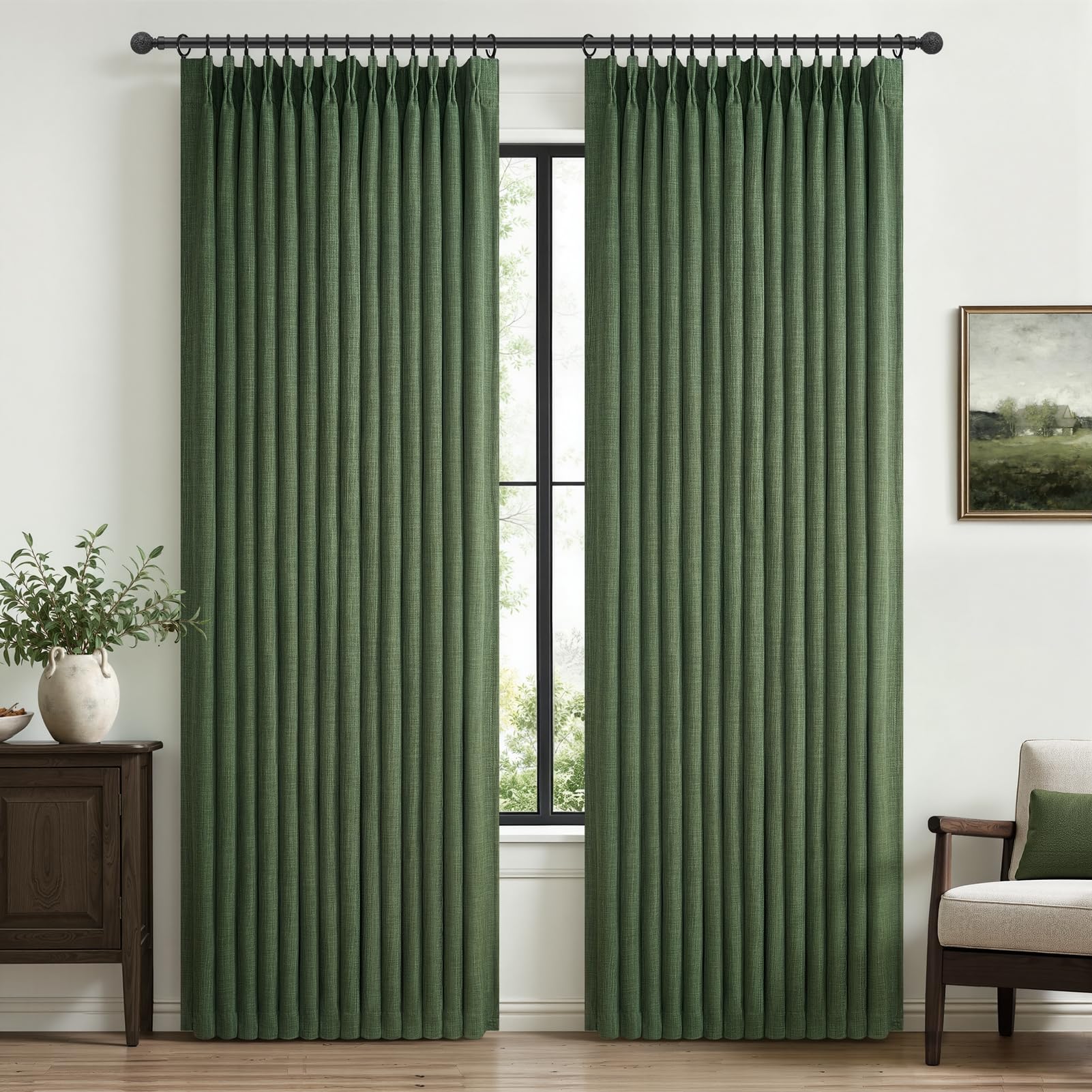 Natural Linen Double Layer Blackout Nursery Curtains 78 Inches Long 2 Panels Set, Loden Memory Trained Pinch Pleated Heat Blocking Noise Cancelling Rustic Windows Drapes 40W x 78L Kids Room Darkening