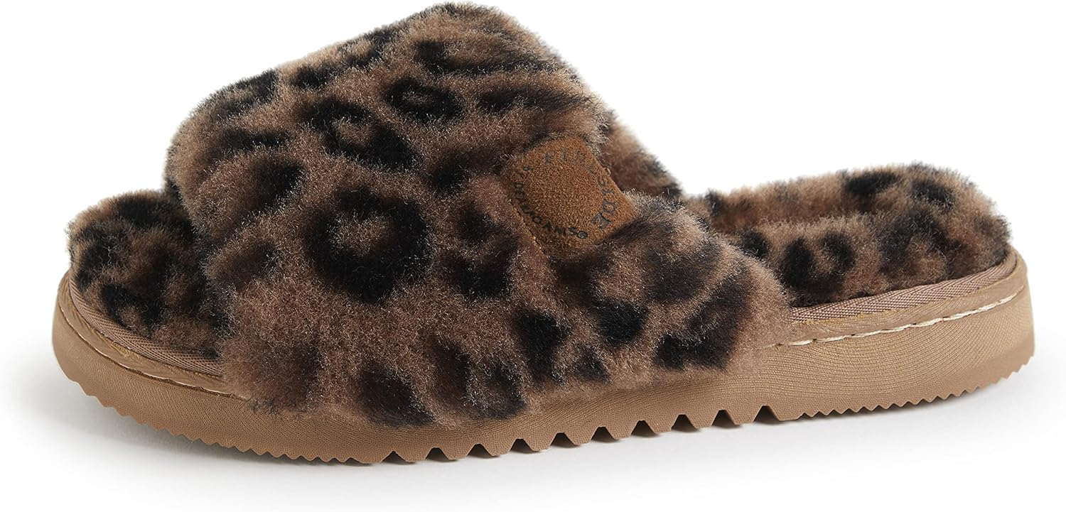 Dearfoams Women's Fireside Cairns Shearling Easy on/Off Slide Sandal Slipper, Leopard, 10