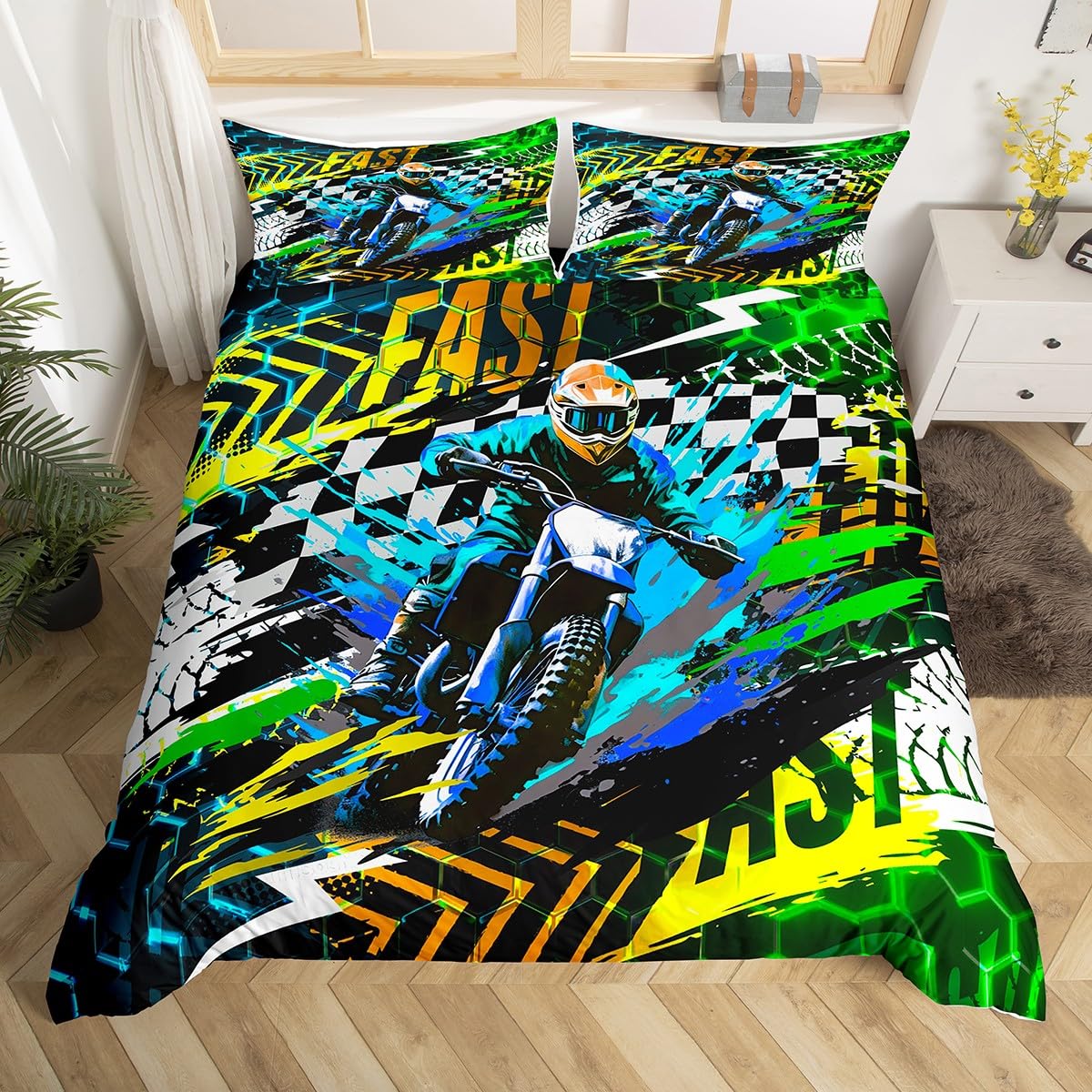 Loussiesd Mountain Bike Bedding Set Kids Boys Teens Extreme Sport Theme Duvet Cover 3D Dirt Bike Comforter Cover Bicycle Rider Bedspread Cover,Room