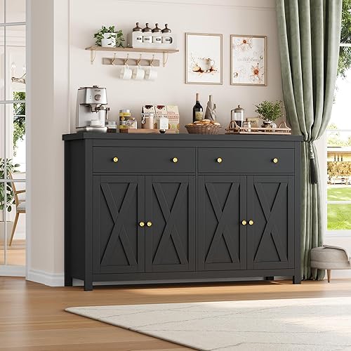 Miniatura 2 de FOTOSOK Gabinete Aparador Buffet con Almacenamiento, Gabinete Grande de Almacenamiento de Cocina de 55" con 2 Cajones y 4 Puertas, Mesa Buffet de