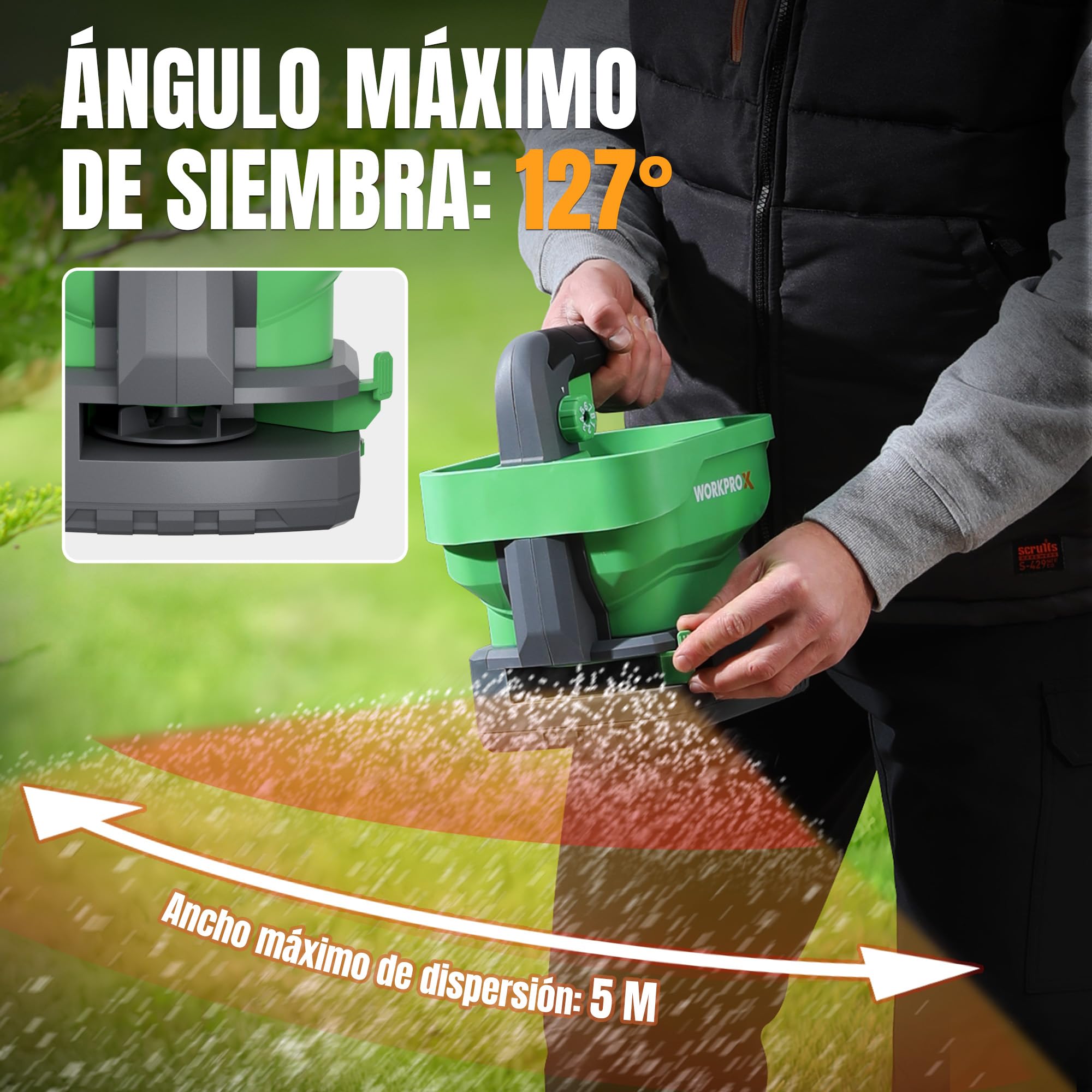 WORKPROX Sembradora Universal con batería Recargable 7,2 V, 8 Niveles de Flujo, 6 Velocidades y Ancho de Proyección Regulable, Esparcidor para Semillas de Césped, Fertilizantes y Sal Antihielo