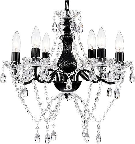 Mr.Color Lámpara de araña negra con cristales, lámpara de araña moderna, lámpara de araña de 6 luces tipo vela para sala de estar, comedor, recámara