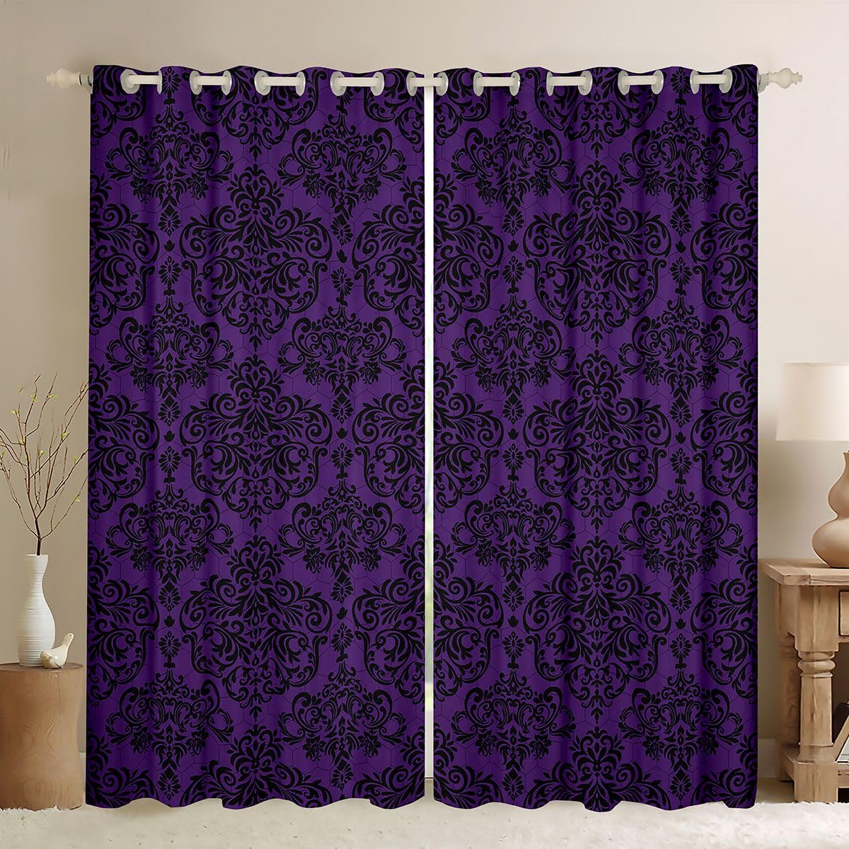 Homemissing Empire Damask Purple Curtains(2 Panels,W52*L90) For Kids Boys Girls Gothic Floral Blackout Darkening Drapes Luxury Royal Jacquard Window Curtains Minimalist Window Treatments โ image 1