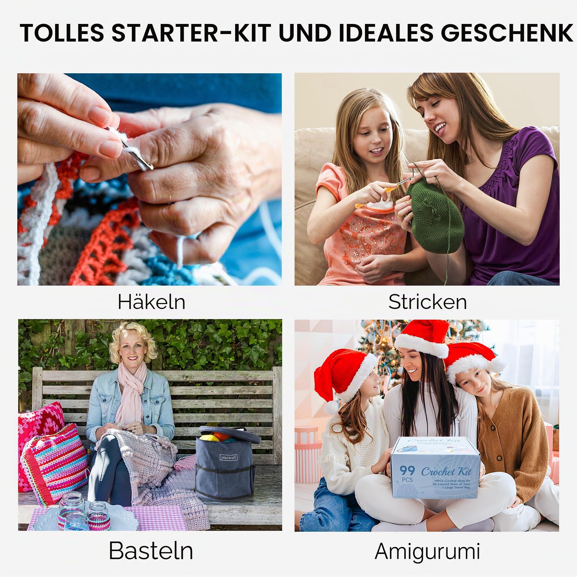 Inscraft Häkelset für Anfänger Erwachsene, Häkelwolle Set für bunte Handarbeiten für Profis mit 24 Farben Garnen, 73-teiligem Häkelnadel-Set, Anleitung, robuster Tasche zur Herstellung von Amigurumi