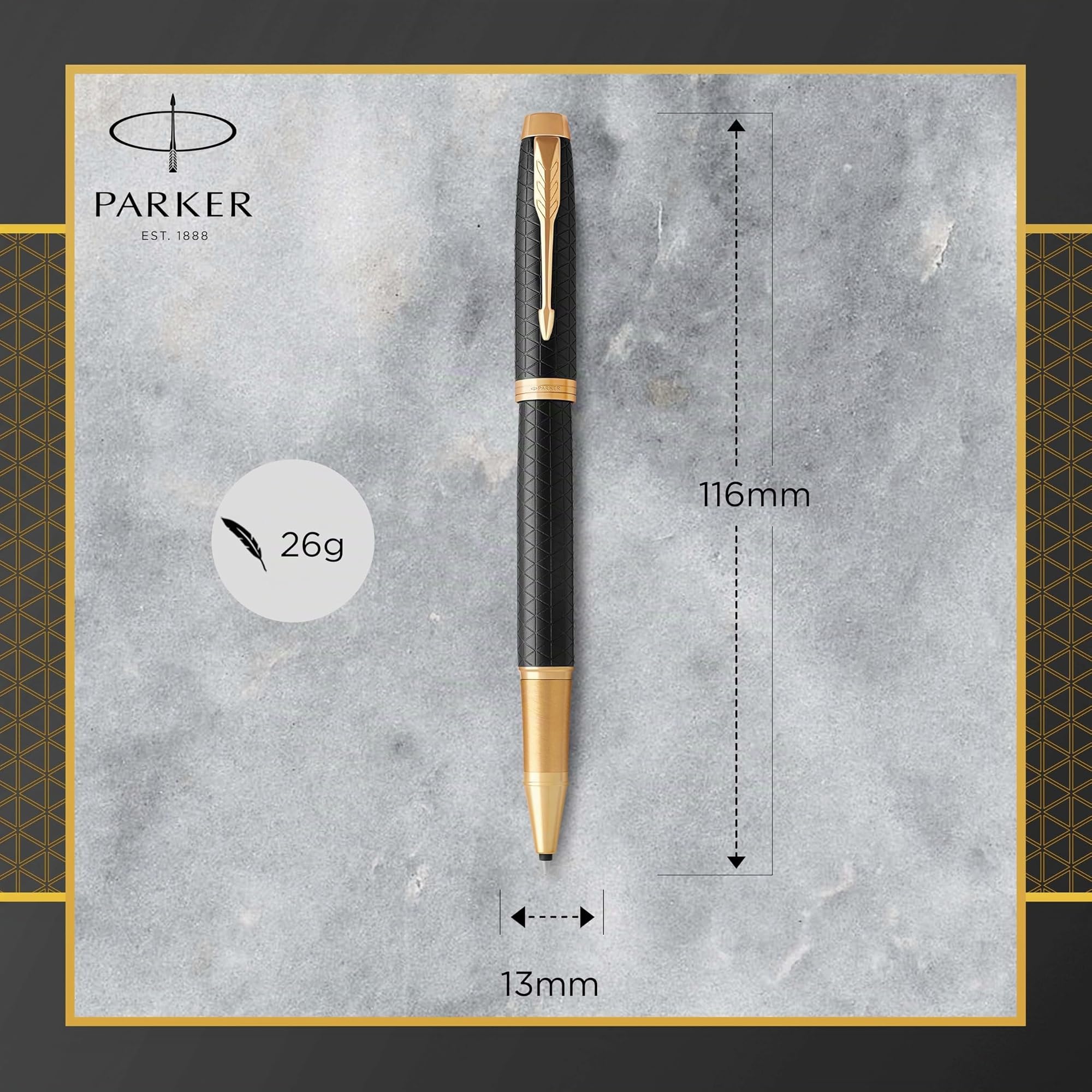 Parker IM Bolígrafo Roller | Punto fino | color Negro Premium con adorno dorado | tinta negra | en estuche de regalo