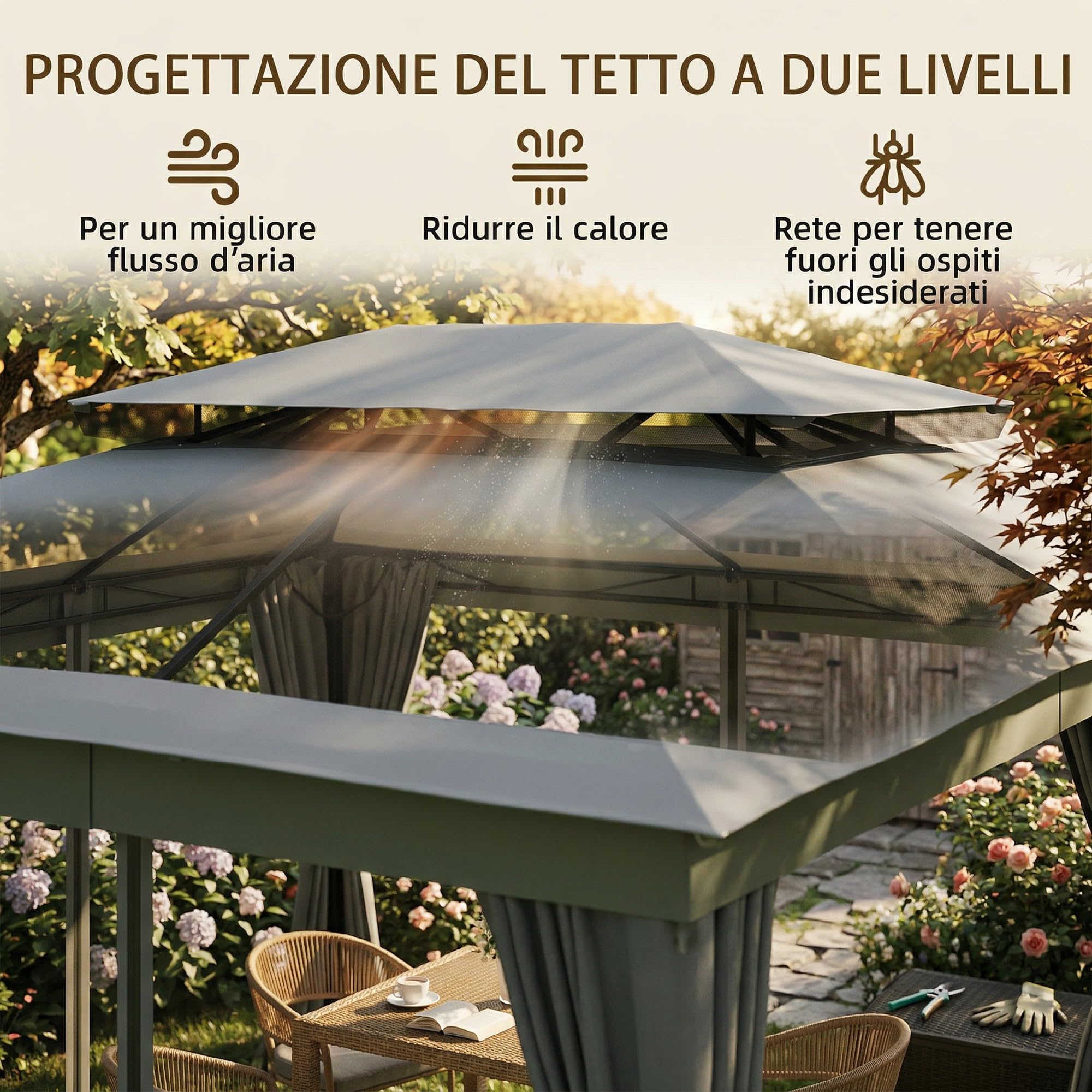 Outsunny Gazebo da Giardino 3.8x3 m con Tende e Zanzariera Grigio Scuro | Ganci, Doppio Tetto con Fori di Drenaggio, Struttura Metallica, per Feste Terrazzo Patio Giardino, UV30+