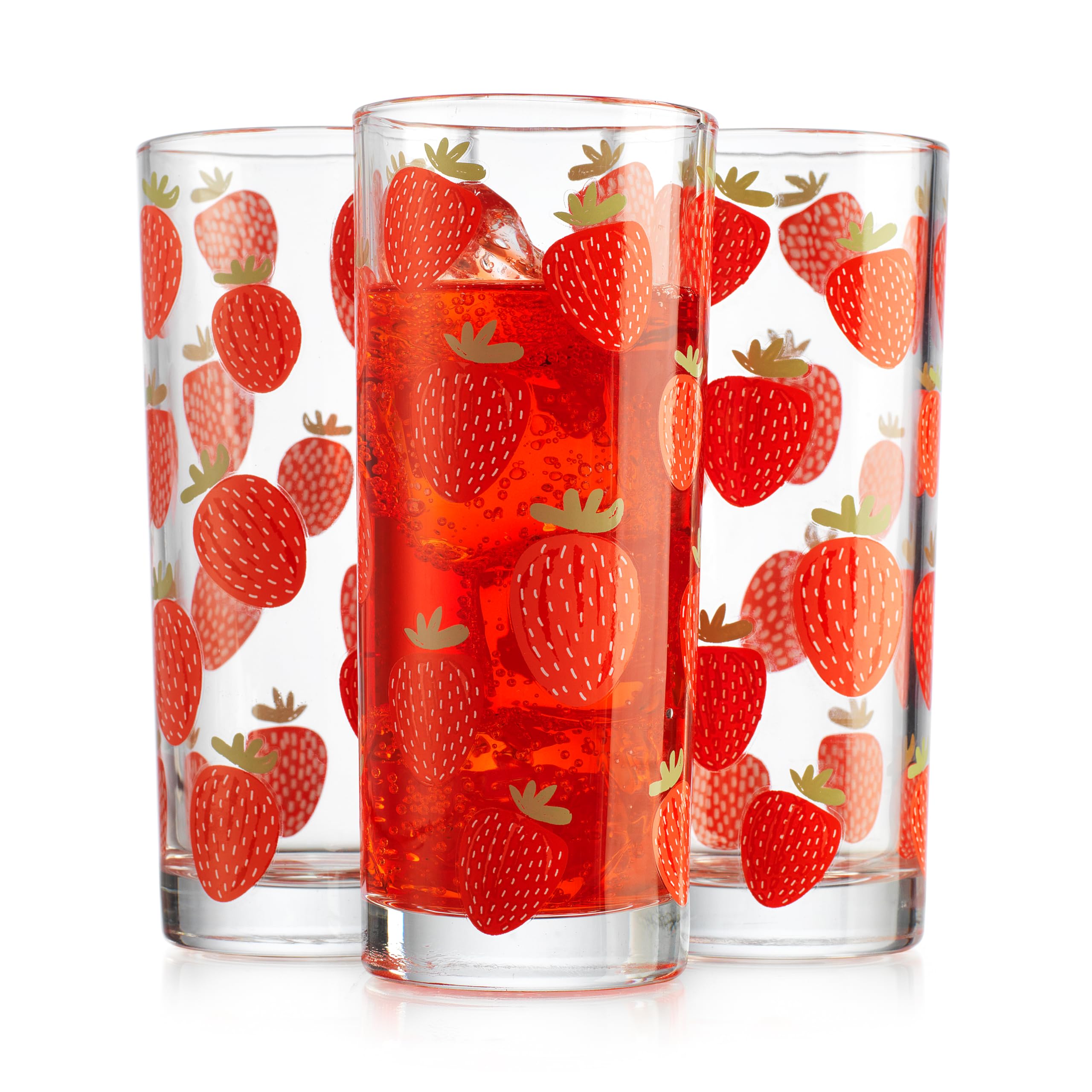 Longdrinkgläser mit Erdbeermuster, 284 ml, Sommerfrucht-Design, Trinkgläser, 4 Stück, Saft-Trinkgläser