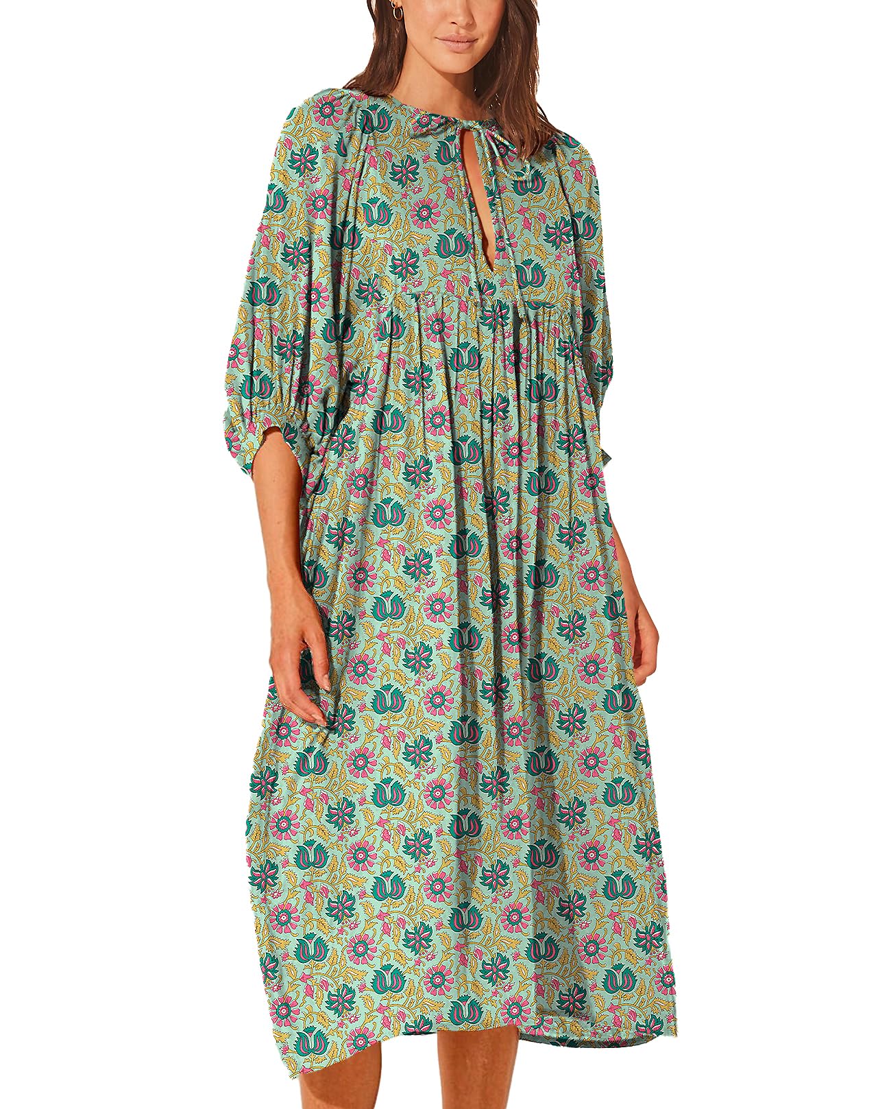 Casual Summer Dresses for Women Deep V Puff Sleeve Boho Midi Floral Dress