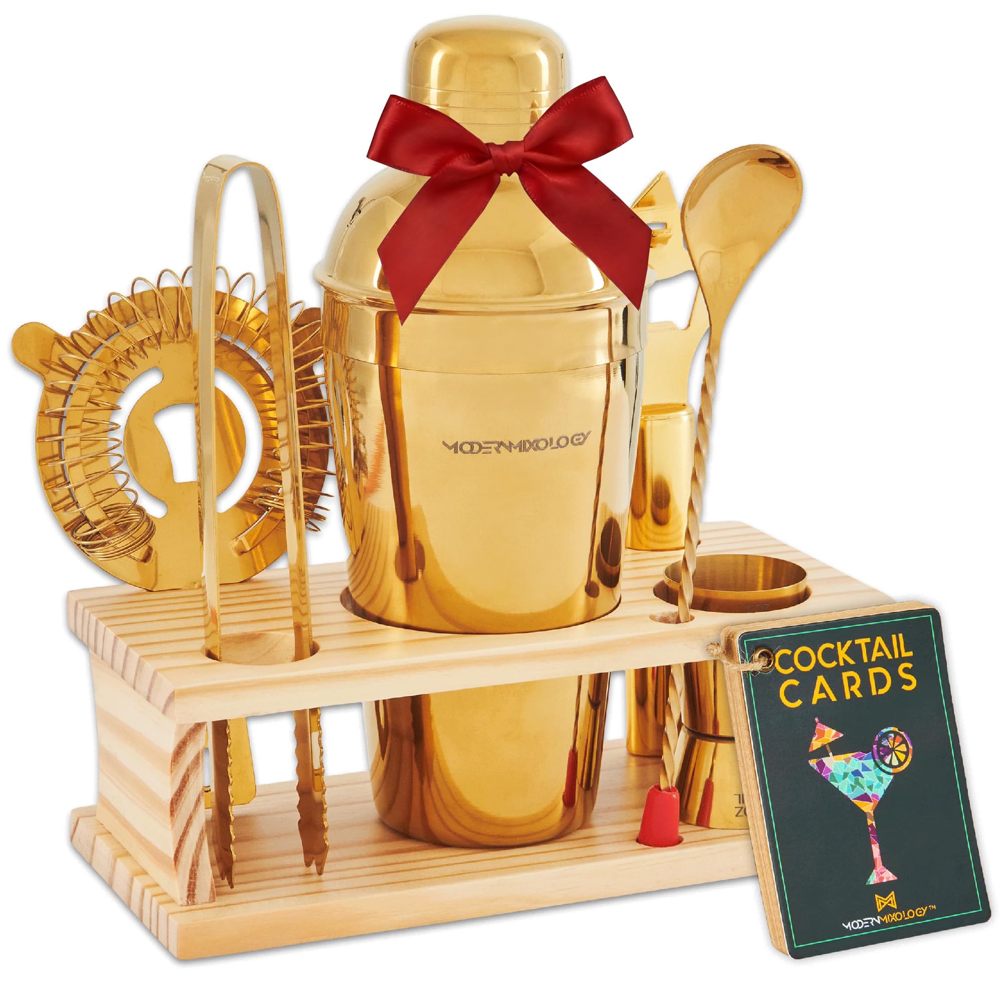 Modern Mixology Cocktail Shaker Set - 8 Piece Bartender Kit on Quality Pine Stand | Complete Cocktail Kit Gift Set | Top Bartender Gifts for Men | Leak Proof Design (Gold)