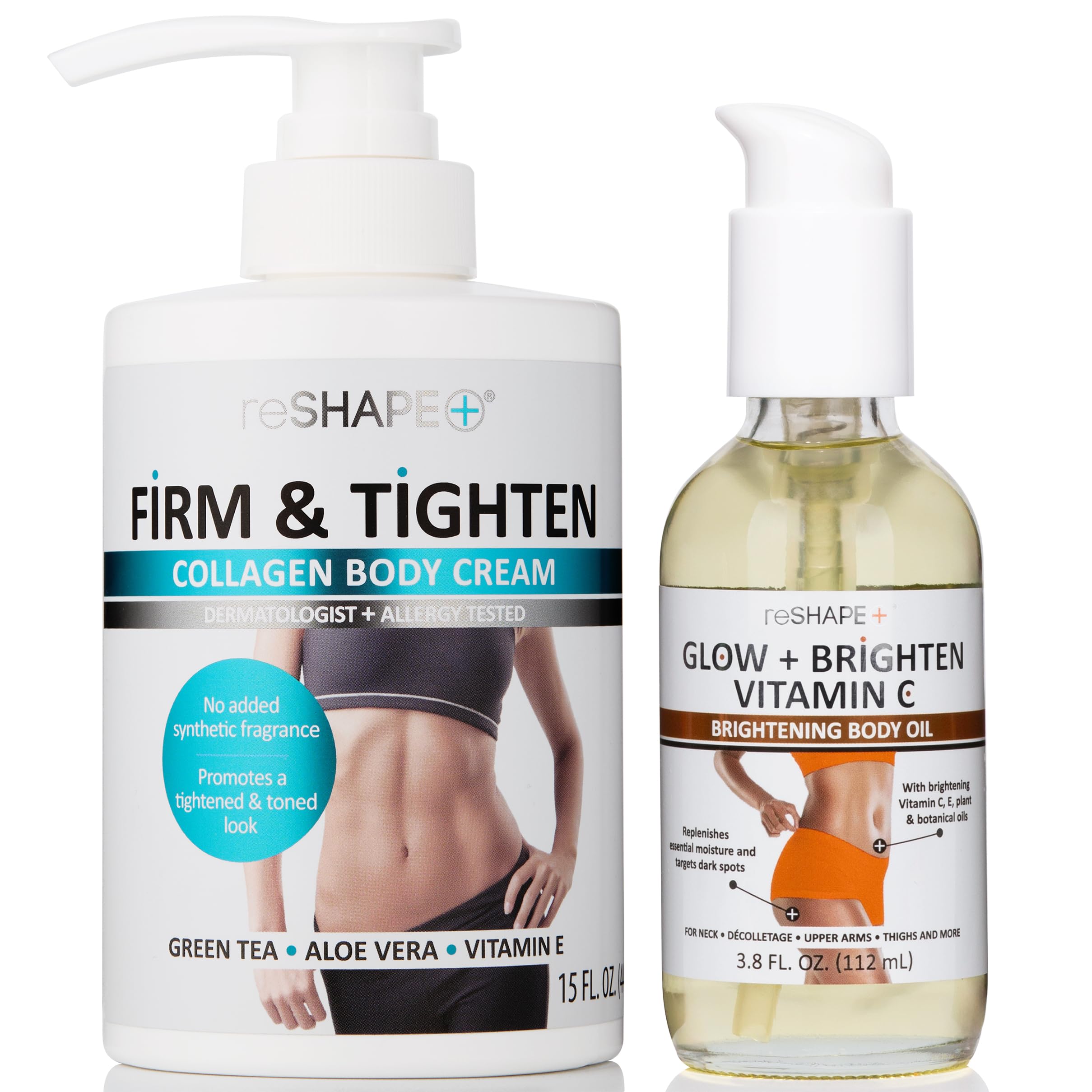 Reshape+Collagen Firming Cream + Vitamin C Hydrating Body Oil Set for Arms, Legs, Back, Tummy - Skin Care Set
