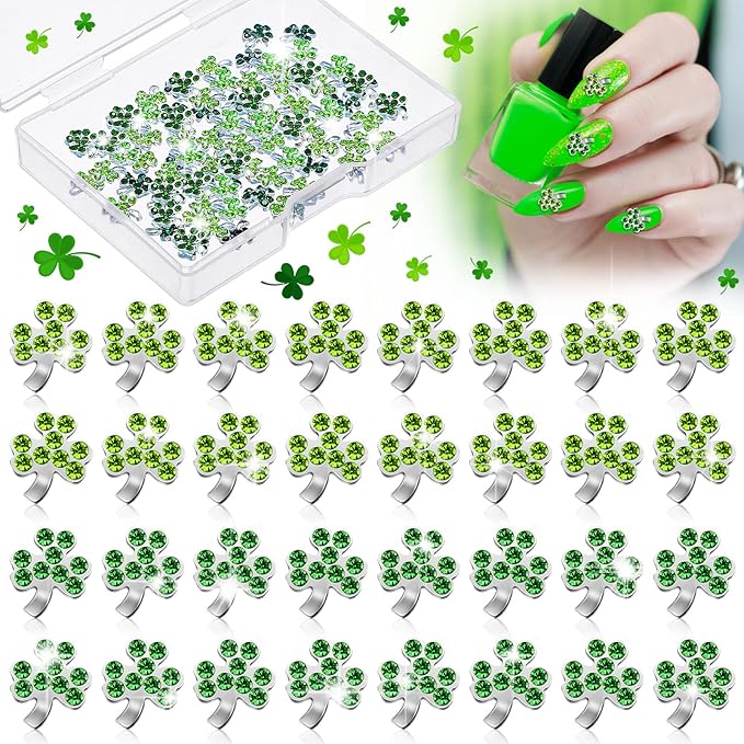 🍀 St. Patrick's Day Nail Charms: 36pcs Shamrock Rhinestones & Decals